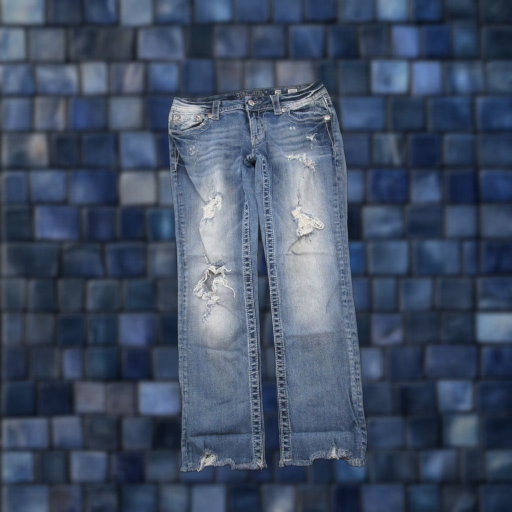 Miss Me Miss Me Signature Crop Distressed Blue Jeans Womens Size 29 Embroidered Stretch Size 29" - 1 Thumbnail