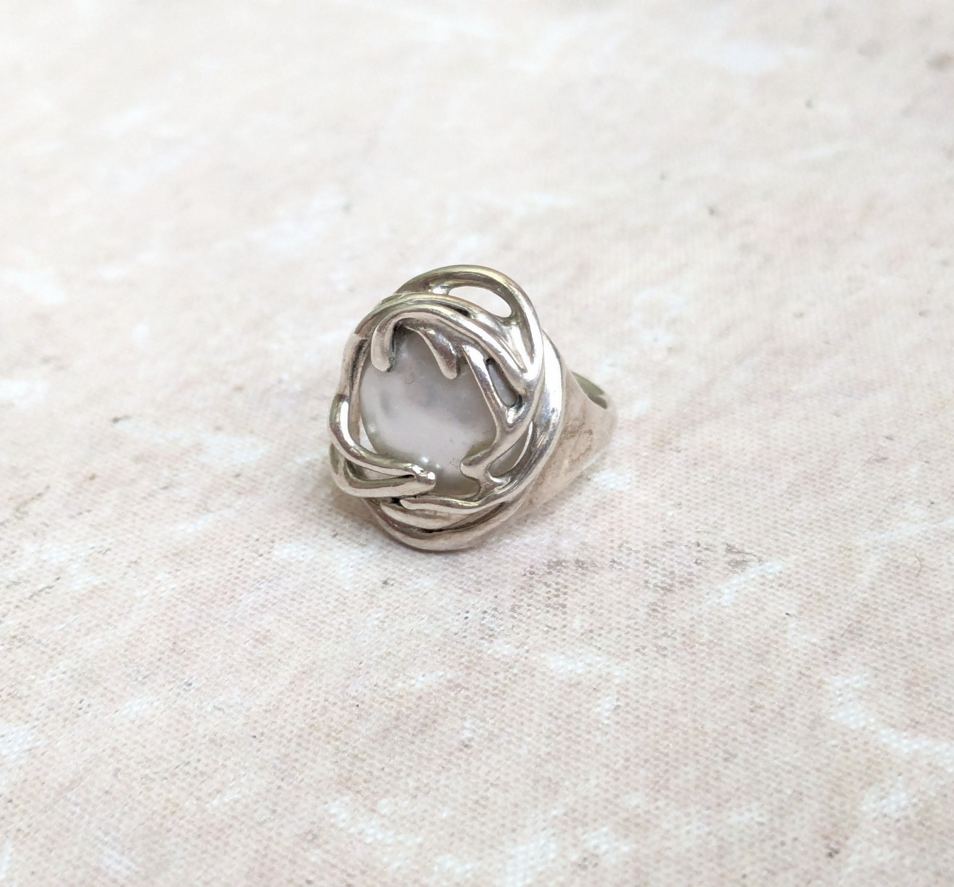 Sterling Silver Vintage Sterling Silver Ring Hagit Gorali Pearl 8 Size ONE SIZE - 4 Thumbnail