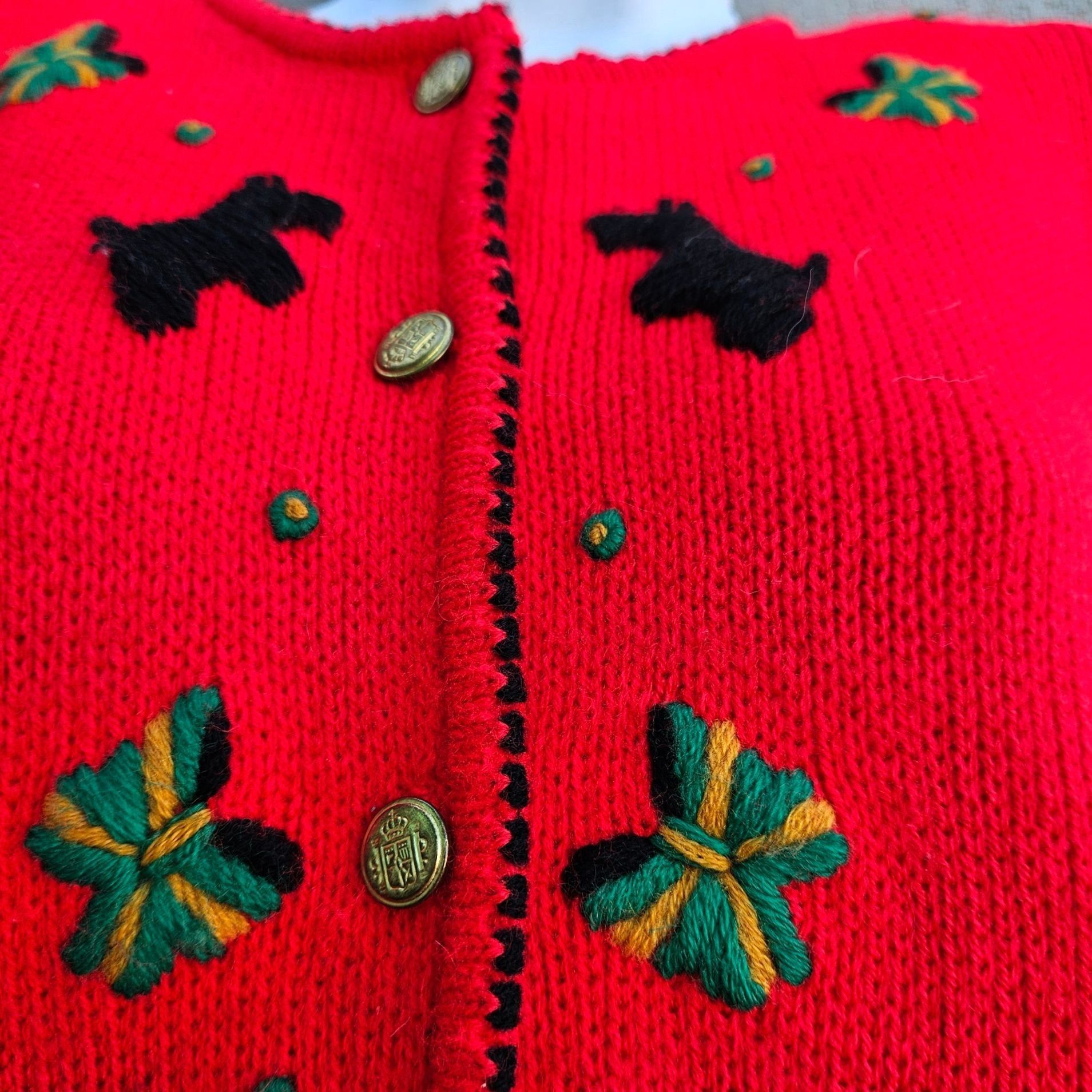 Vintage 80s Scottie Dog Cardigan Red Embroidered Knit Vintage Novelt Size M / US 6-8 / IT 42-44 - 2 Thumbnail