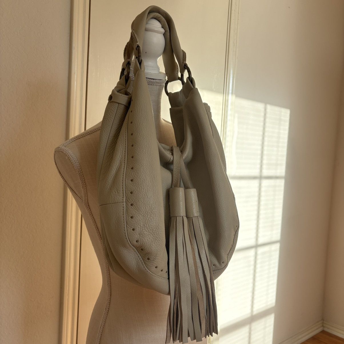 Genuine Leather Shoulder Bag With Tassels in White, Women's
