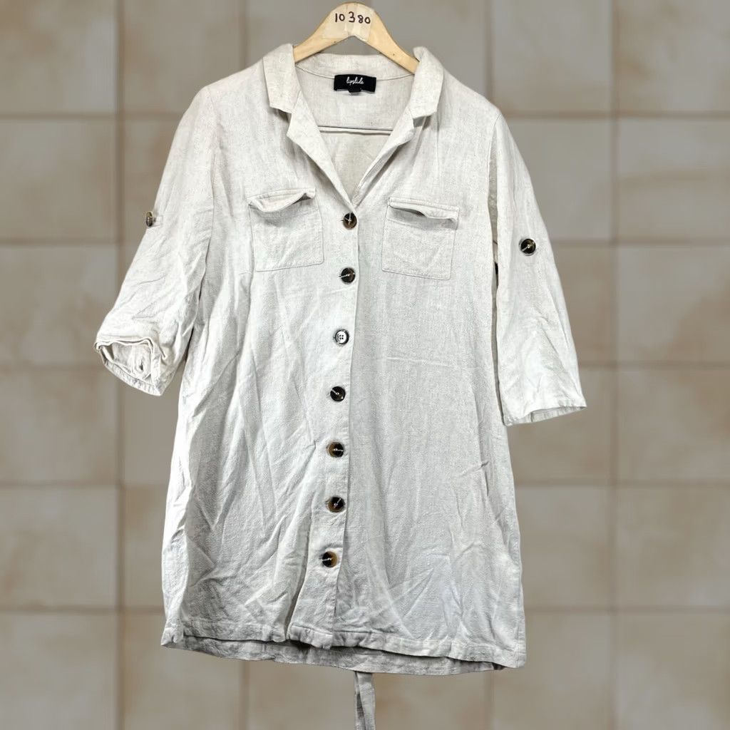 Vintage VINTAGE Retro 90s Linen Blend XL Tunic Top Beige Button Front Tie Back Long Lagenlook Size XL / US 12-14 / IT 48-50 - 1 Thumbnail