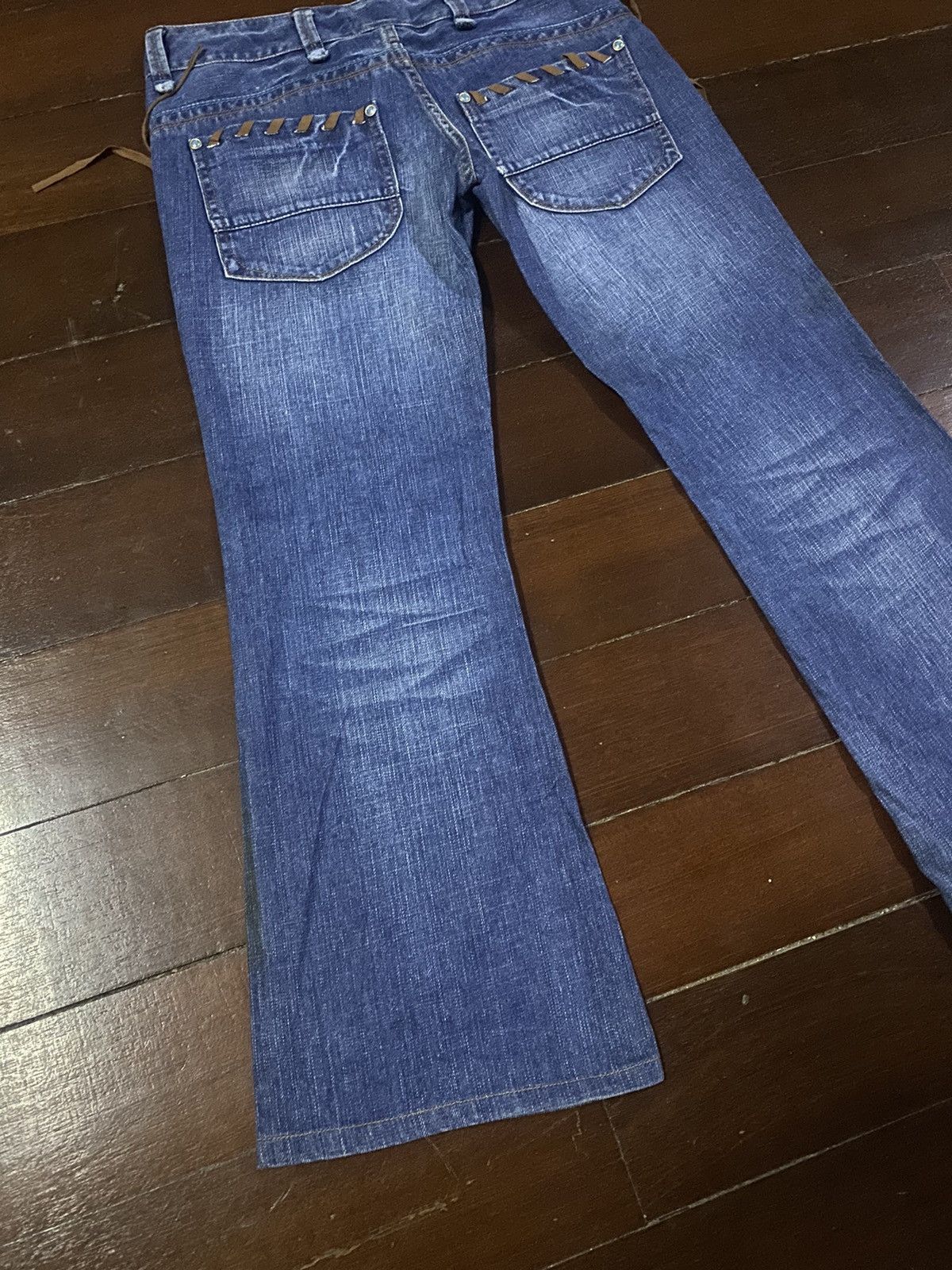 If Six Was Nine × Le Grande Bleu (L.G.B.) × Tornado Mart Flare Jeans Back Number Distress Faded Denim Bootcut Y2k Size 33" - 12 Thumbnail