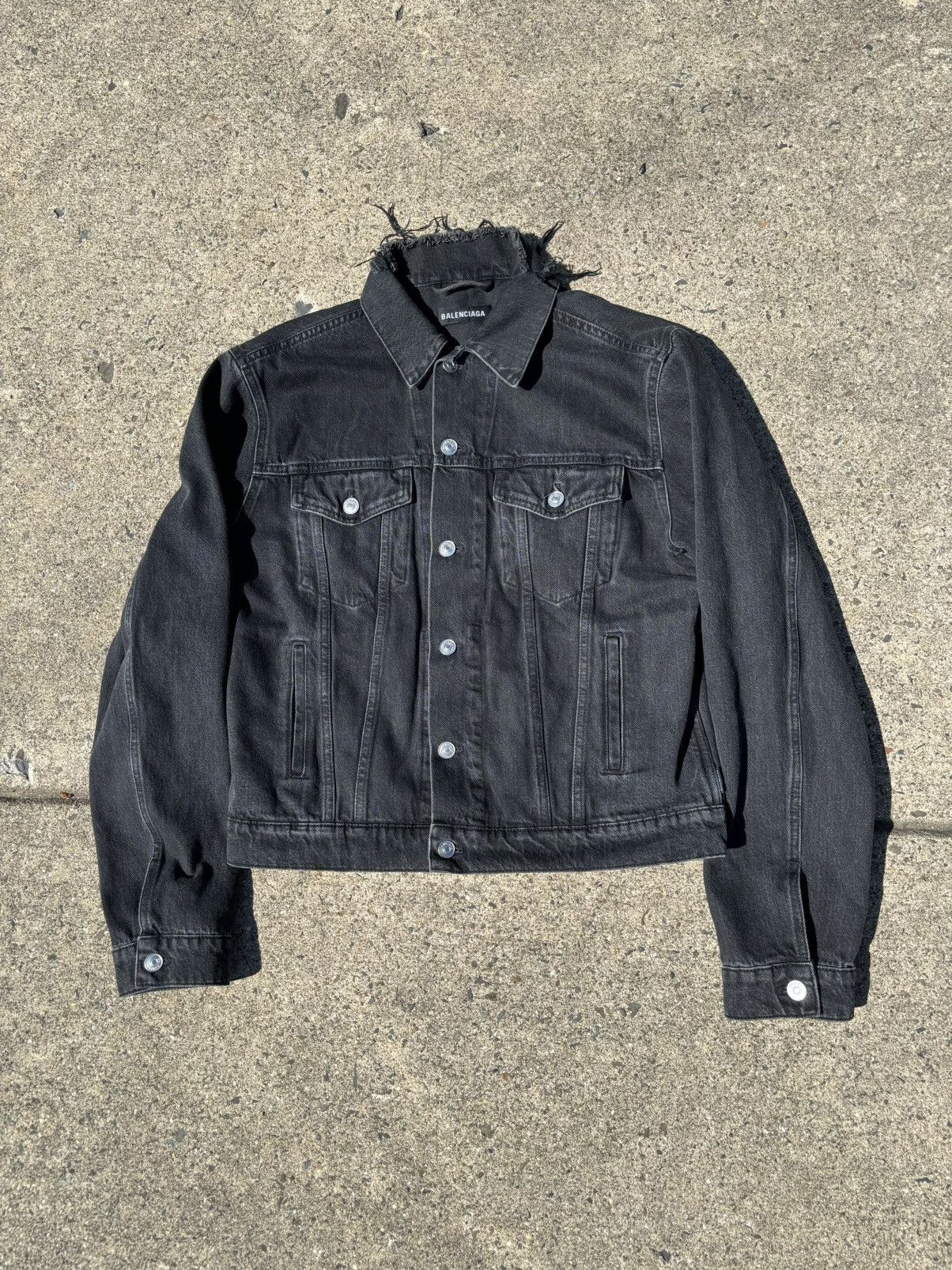 image of Balenciaga Distressed Campaign Denim Jacket in Black, Men's (Size Small)