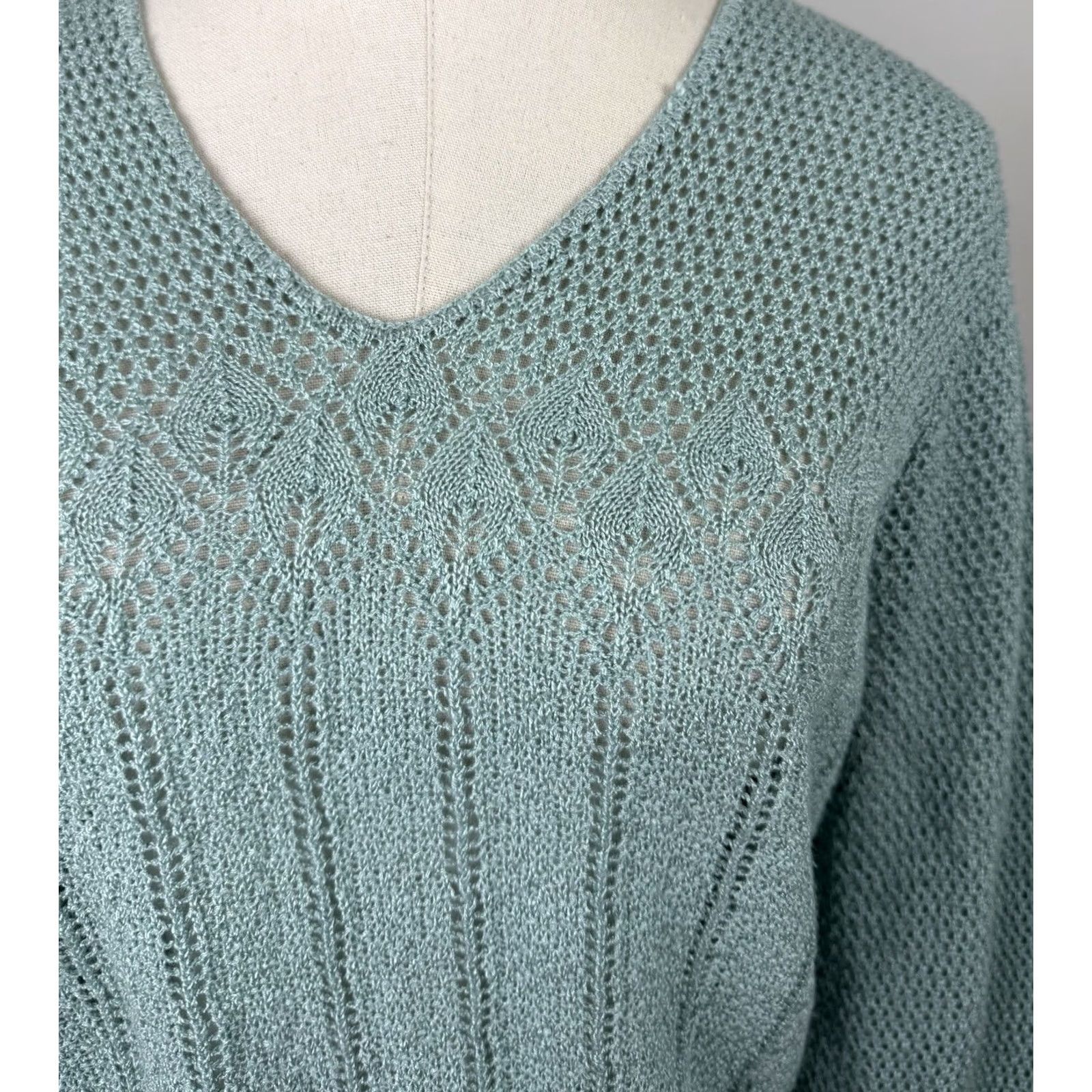 Vintage Vintage The Wilroy Traveller Sweater Womens M Open Knit V-Neck Crochet Blue 70s Bohemian Retro Size M / US 6-8 / IT 42-44 - 3 Thumbnail