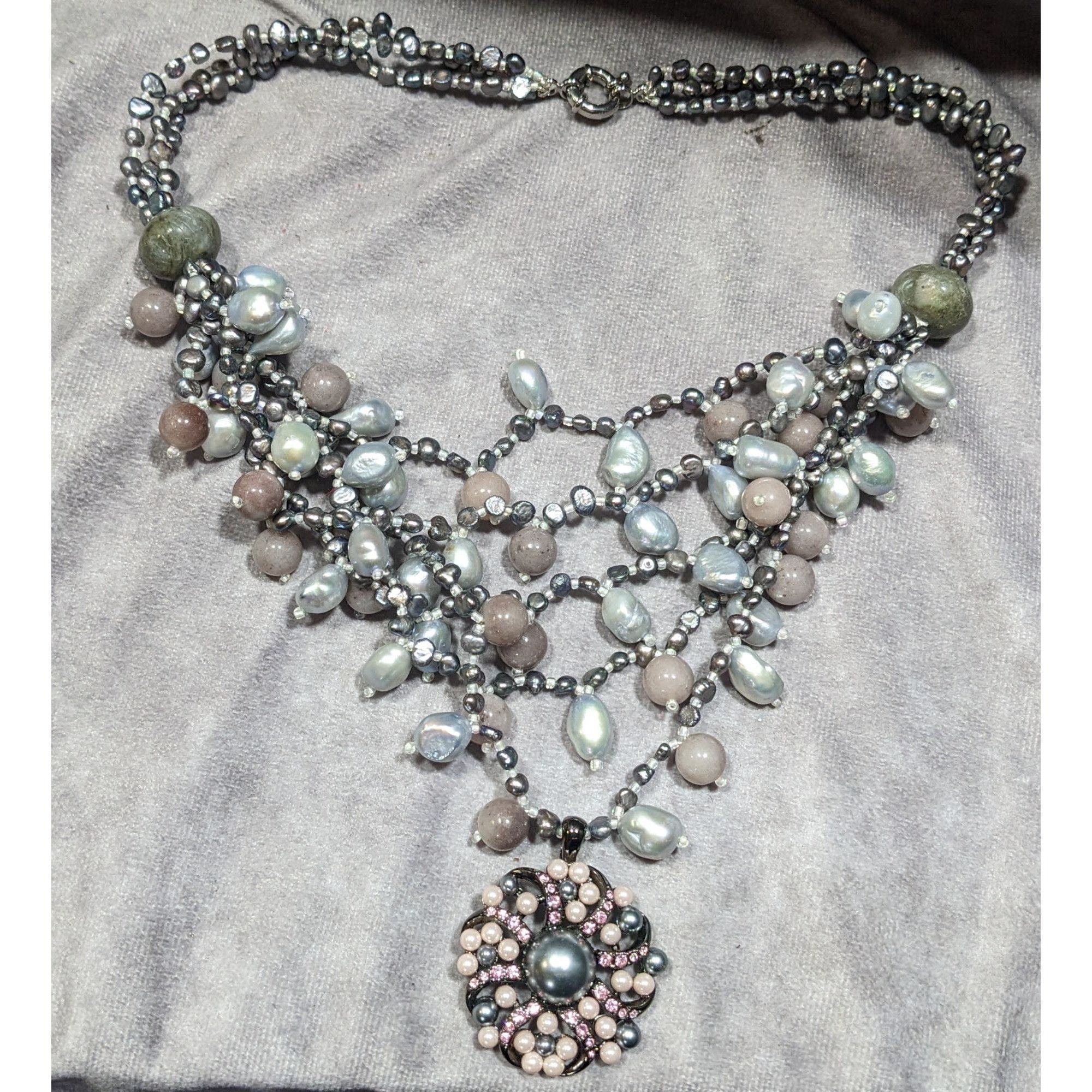 Other Vintage Elegant Pearl And Agate Beaded Floral Pendant Bib Ne Size ONE SIZE - 4 Thumbnail