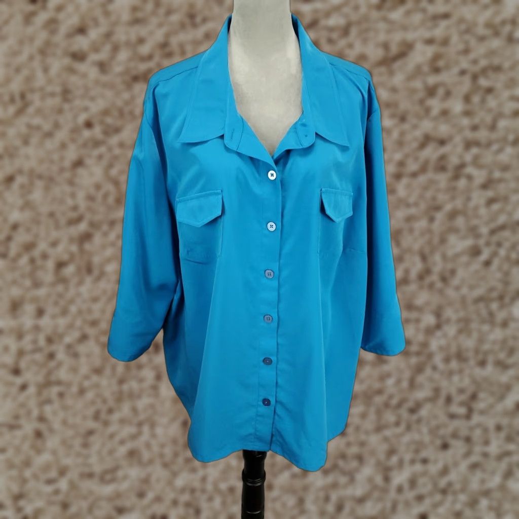 Vintage Susan Graver Blouse Womens 3X Blue Button Up Roll Tab Sleeve Pockets Flap Pockets? Size XXL / US 16-18 / IT 52-54 - 1 Thumbnail