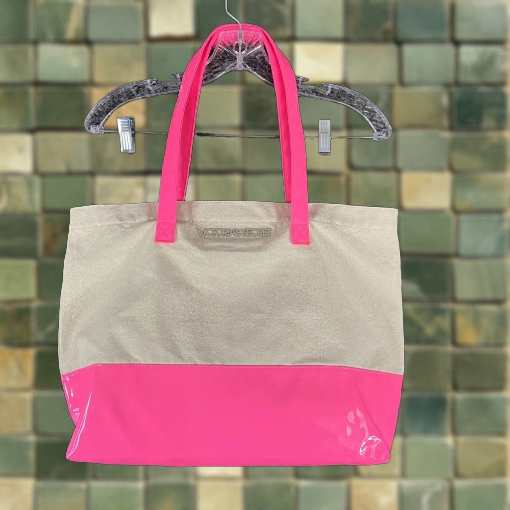 Victoria's Secret VINTAGE Victoria's Secret Tote Bag Canvas Pink Beige Women's Tote Bag Purse Adult Women Pink Beige Short Strap Overn? Size ONE SIZE - 1 Thumbnail