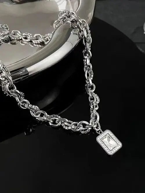 Jewelry Retro Punk Vintage Silver Chain Minimal Rhinestone Necklace Size ONE SIZE - 1 Thumbnail