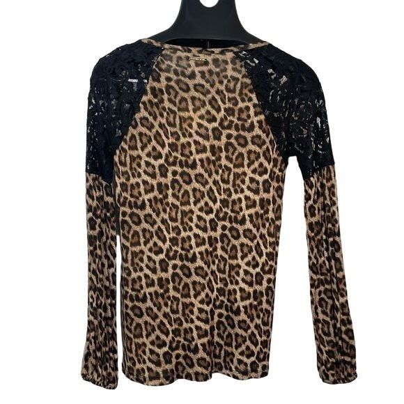 Michael Kors 𝅺Michael Kors Leopard Animal Print Top Lace Shoulders Women Size XS / US 0-2 / IT 36-38 - 2 Thumbnail