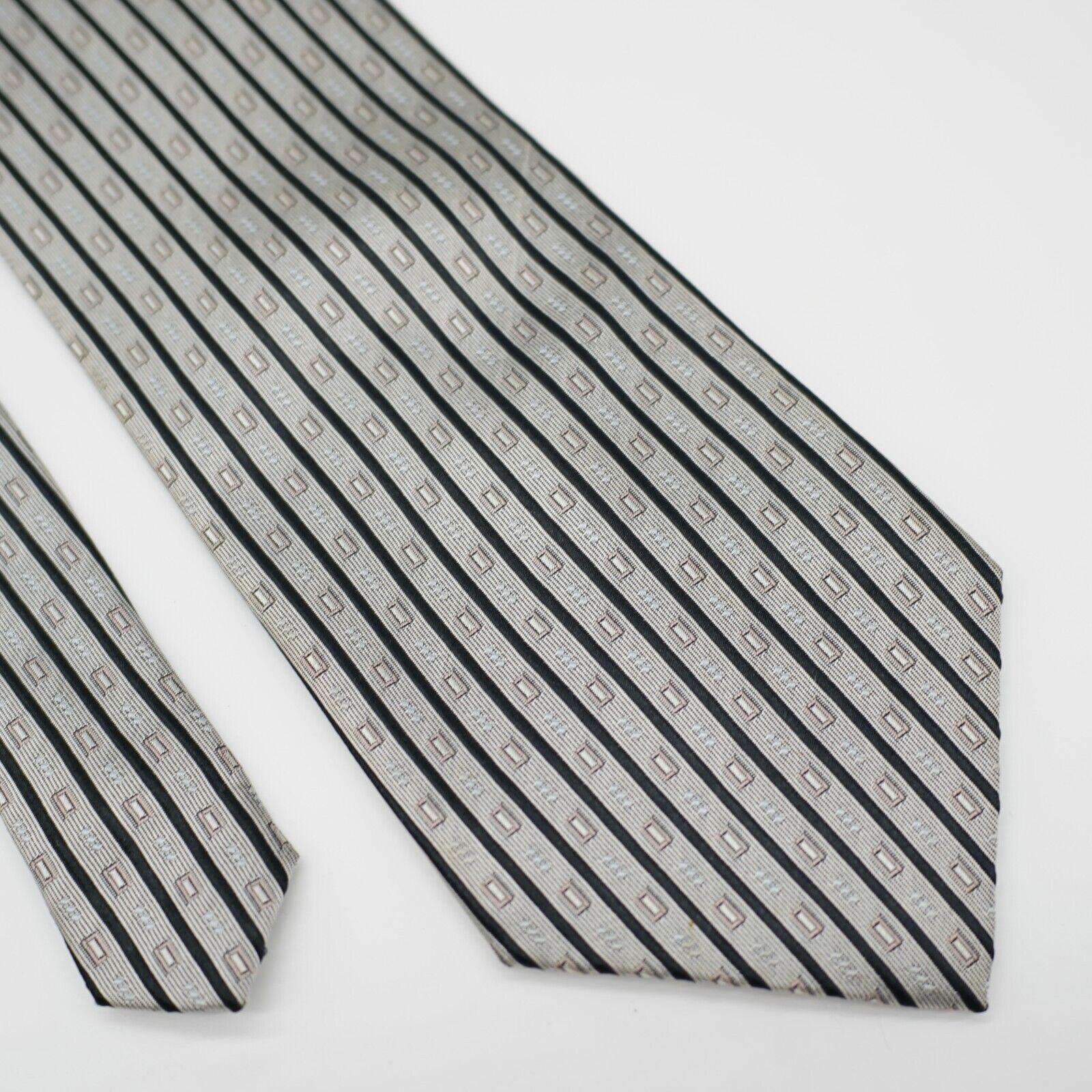 Designer Carlos Devenezia Silver Tan Black Geometric Woven Long Silk Size ONE SIZE - 1 Thumbnail