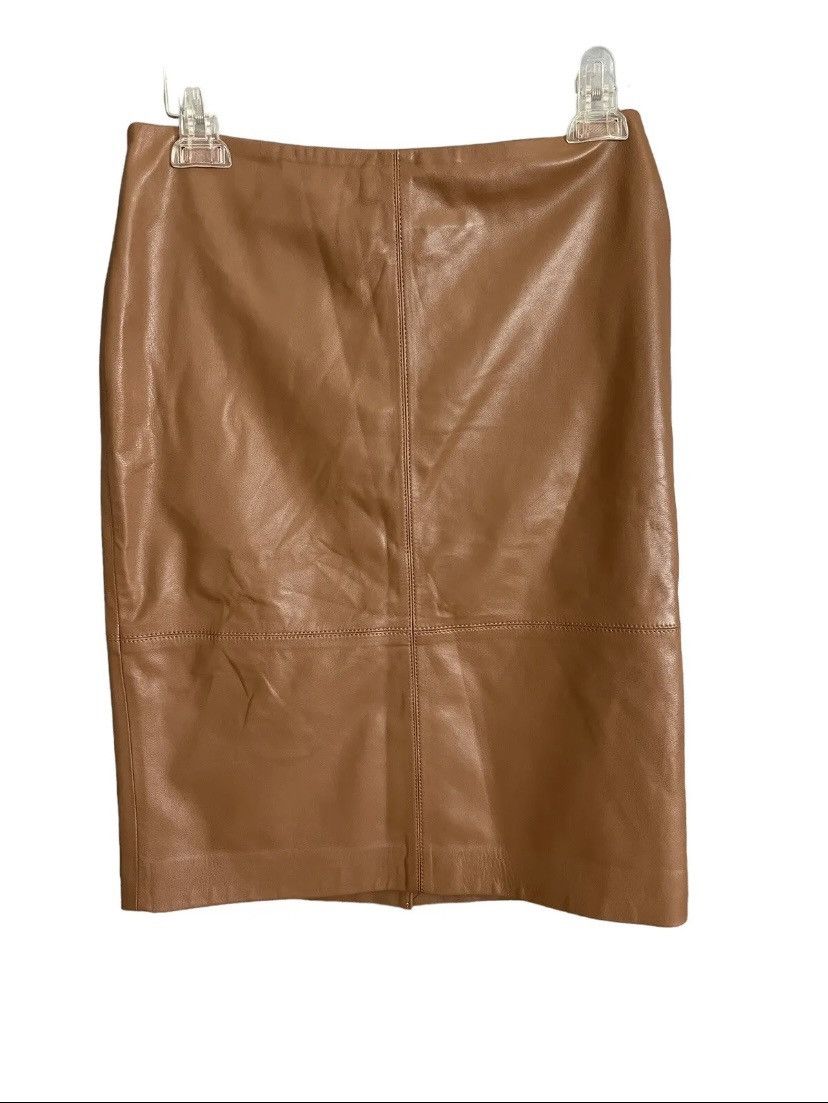 image of Robert Talbott Talbots Leather Skirt Brown Knee Length, Back Zip Size 6 in Oak Brown, Women's