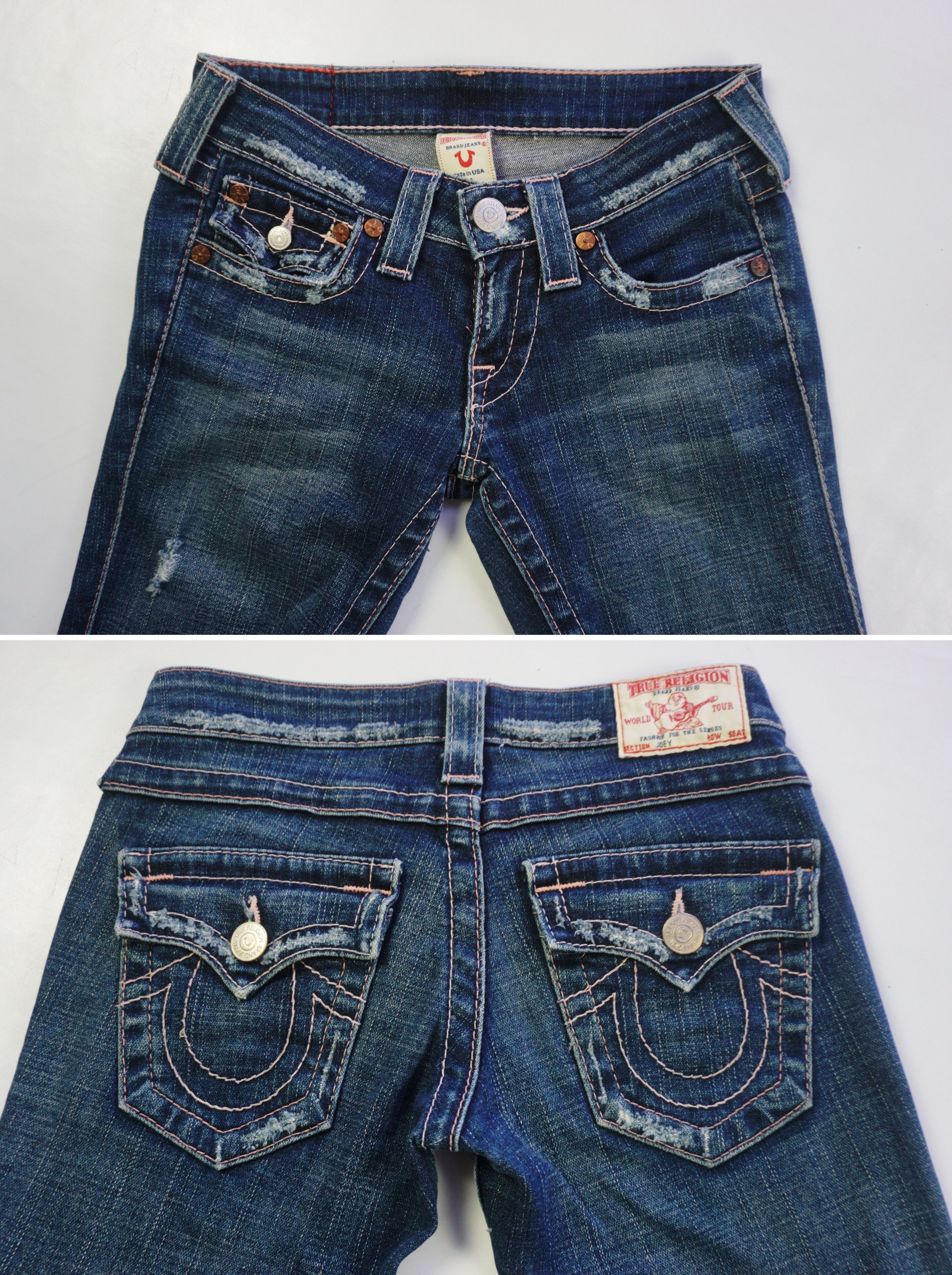 True Religion Vintage Petite Made in USA Low Rise Flare Distress Jeans Size 25" / US 0 / IT 36 - 4 Thumbnail
