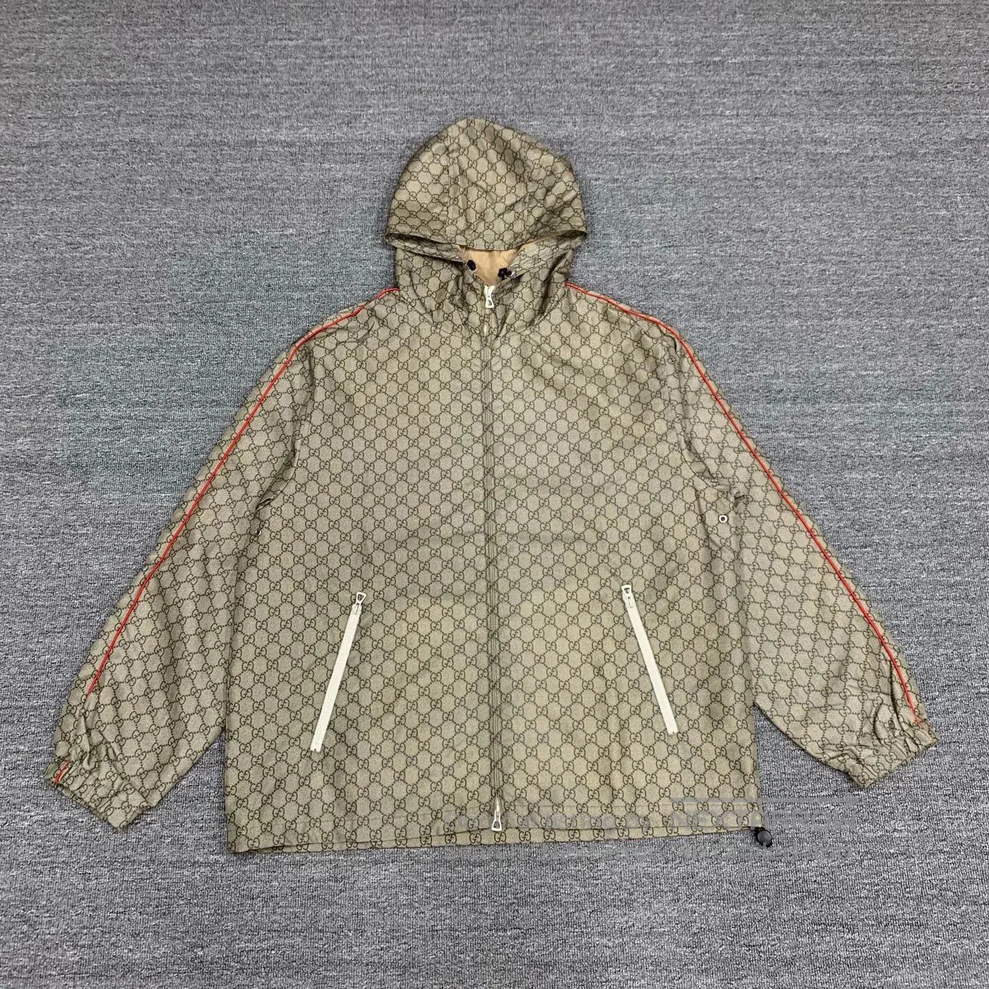 Beige Patterned Hooded Light Jacket.