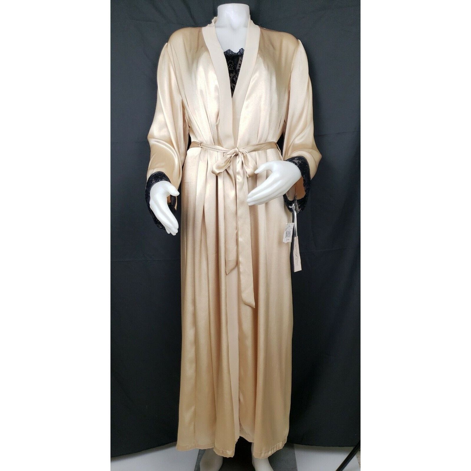 Vintage Champagne Satin Peignoir Set S/M Long Sheer Nightgown Gown V Size ONE SIZE - 3 Thumbnail