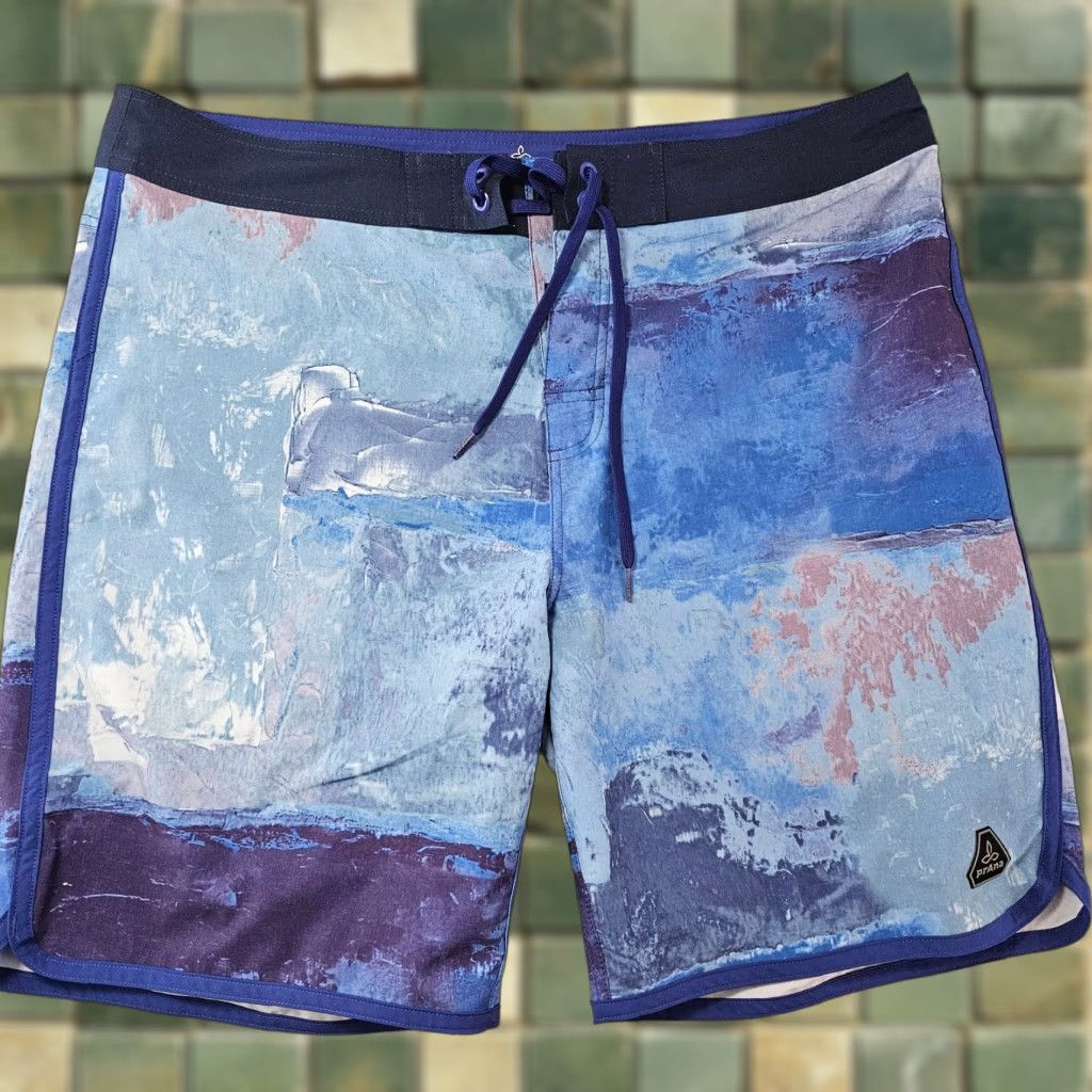 Prana prAna Swim Trunks Mens 38 Board Shorts Blue UPF 50+ Quick Dry Surfing Pockets Drawstring 100% Polyester Casual Nature Aloha Vintage No Mens Size US 38 / EU 54 - 1 Thumbnail
