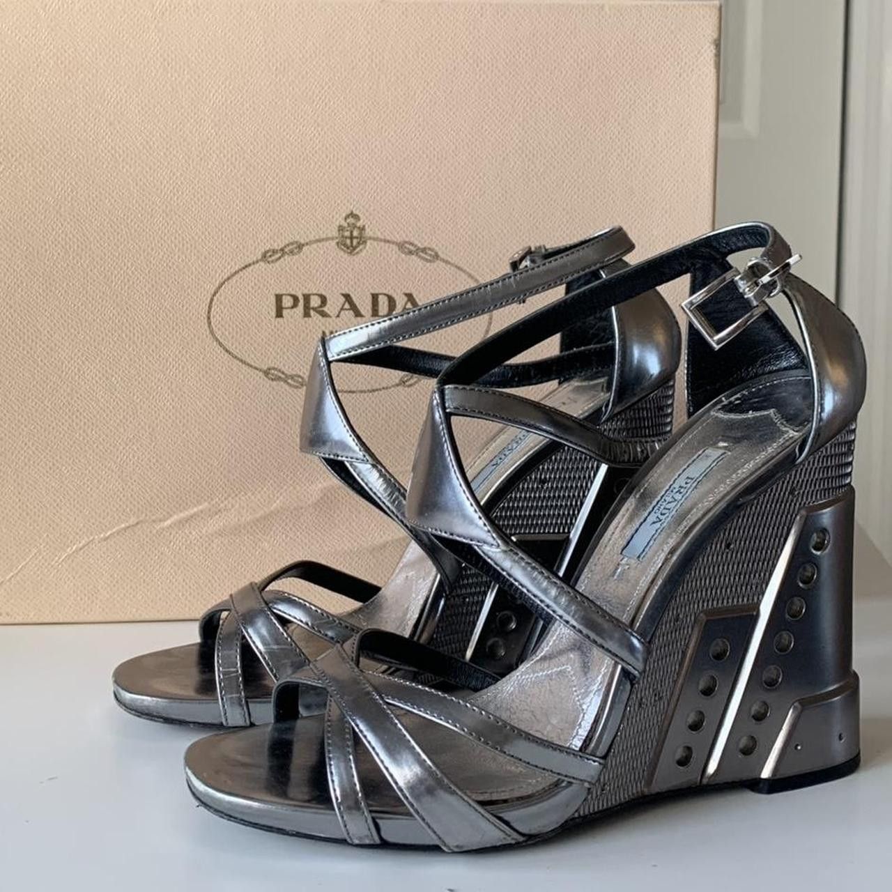 Prada Prada Metallic Silver Platform Wedges Size US 8 / IT 38 - 1 Thumbnail