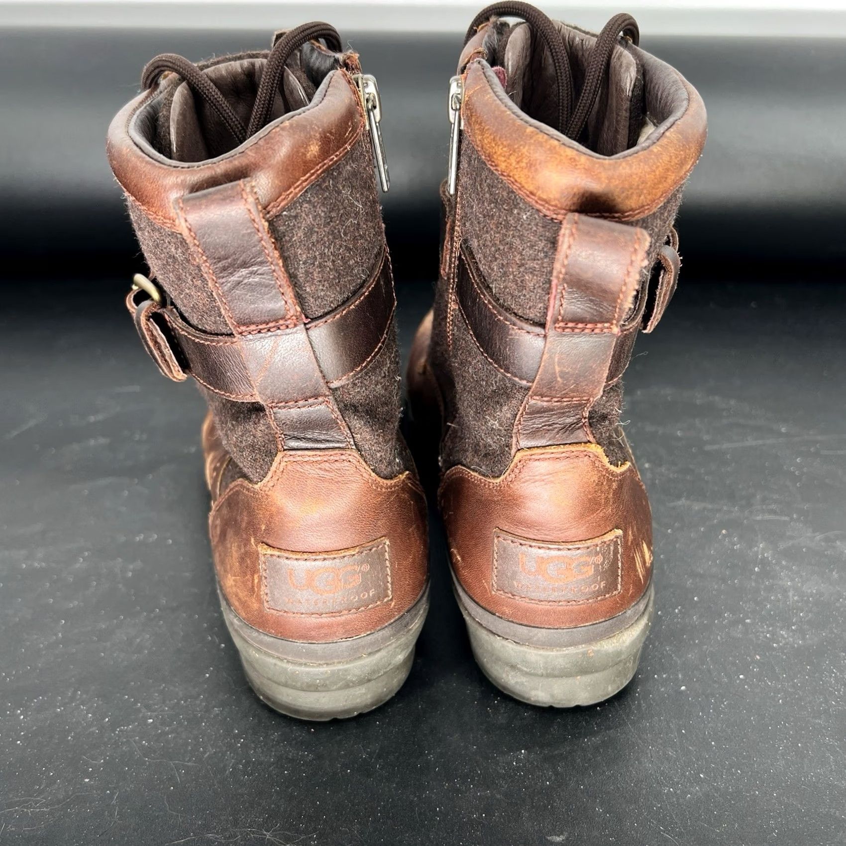 Ugg UGG Australia Kesey Women's Boots Brown Leather Sheepskin Lined Zip Ankle Town 7 Women Combat Waterproof Round Toe Buckle Logo Block Heel 1-1.9in Size US 7 / IT 37 - 4 Thumbnail