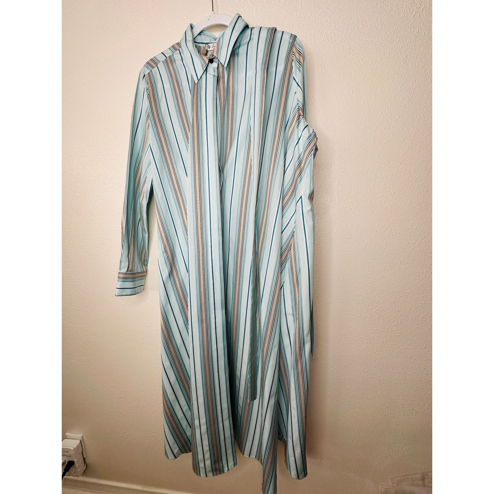 Loro Piana NWT Loro Piana Teal White Stripe Button Tie Sash Wrap Dress Size XL / US 12-14 / IT 48-50 - 6 Thumbnail