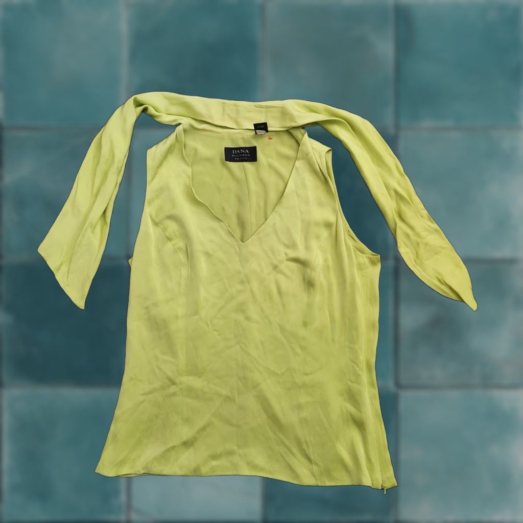 Vintage VINTAGE Dana Buchman Blouse Sleeveless V-Neck Tie Neck Silk Blend Lime Green 8P Petite Women Shirt Size M / US 6-8 / IT 42-44 - 1 Thumbnail