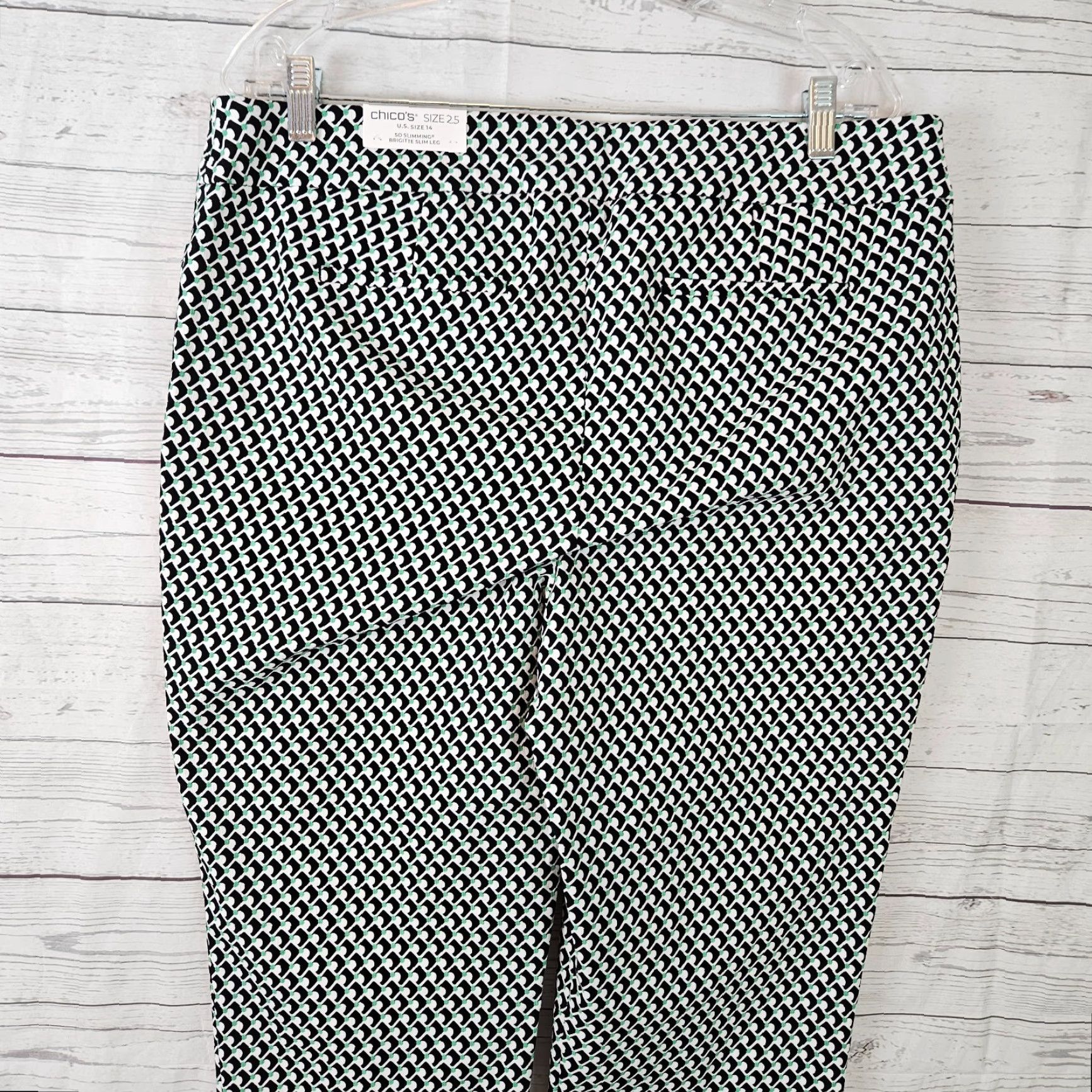 Vintage Chico's Womens Brigitte Slim Leg Ankle Pants Sz 14 Black Green Slimming Cotton Rayon Spandex Geometric Inseam 27" Vintage No Size 36" / US 14 / IT 50 - 5 Thumbnail