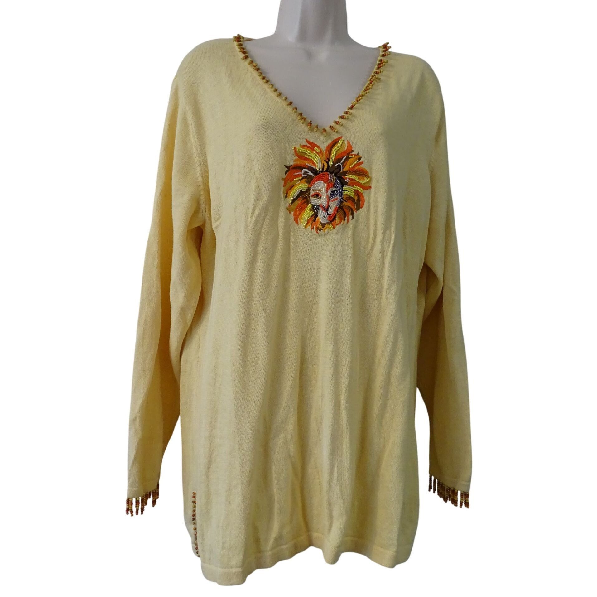 Vintage Vtg Storybook Knits Yellow Beaded Lion Tunic Knit Sweater Size XL / US 12-14 / IT 48-50 - 2 Thumbnail