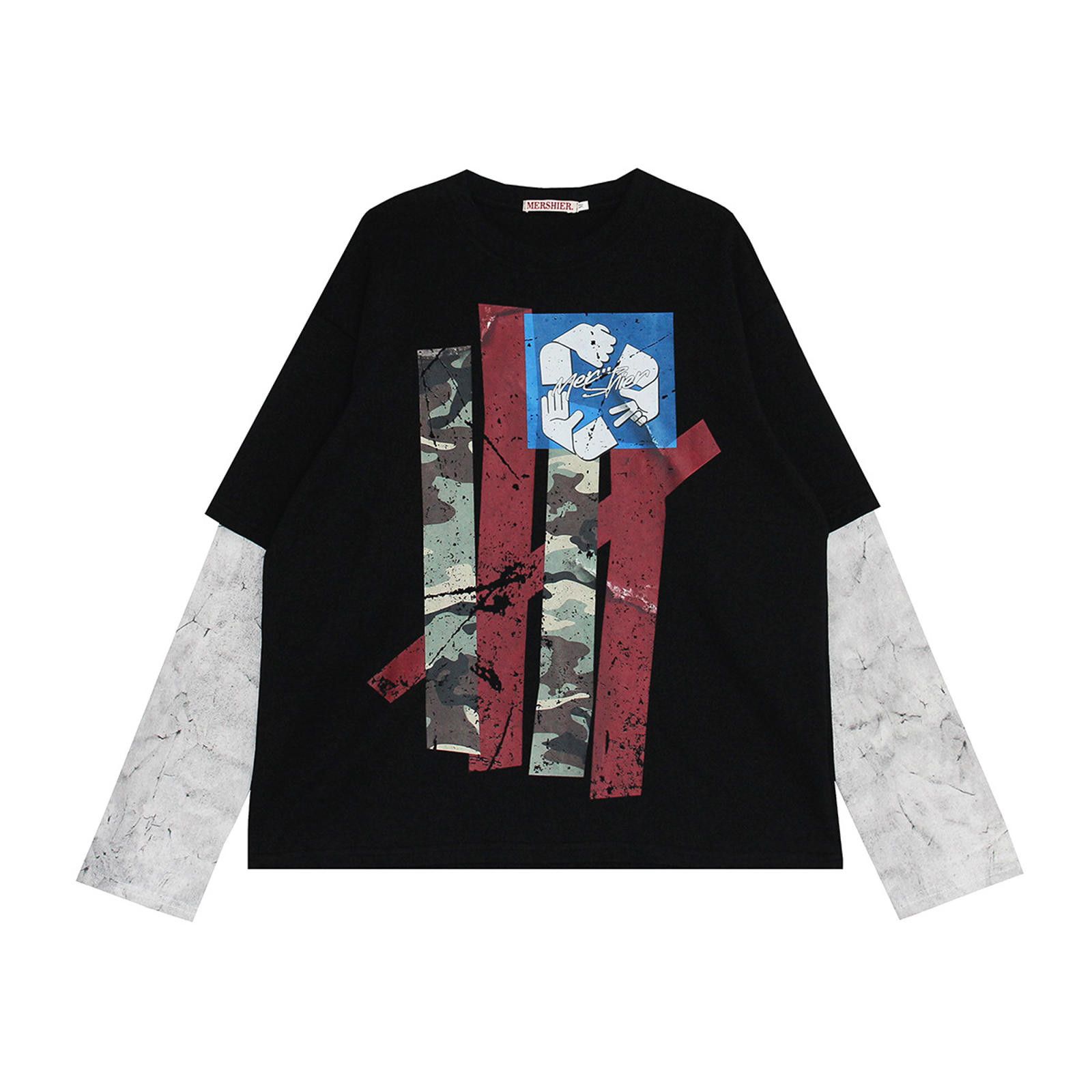 Vintage Black Camouflage Graphic Tee with Contrast Sleeves Size US M / EU 48-50 / 2 - 1 Thumbnail