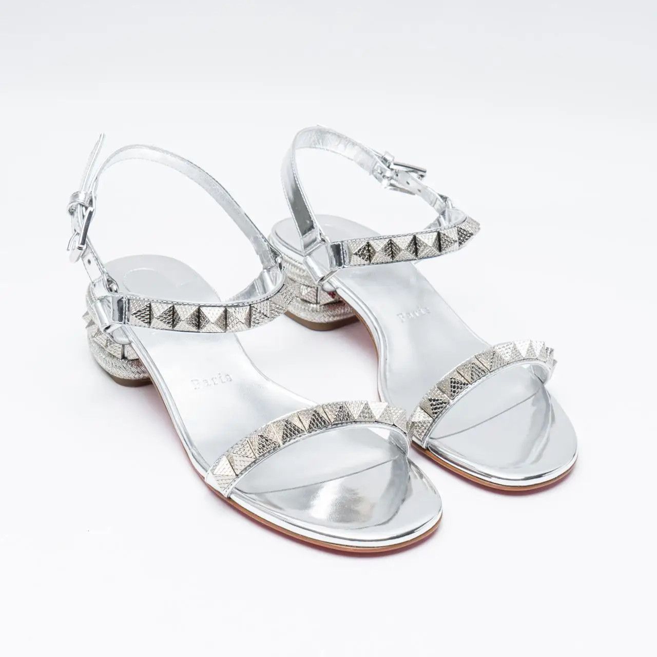 Christian Louboutin Pyrasand 30 Silver Leather Block Heel Ankle Strap Sandal 38 Size US 8 / IT 38 - 7 Thumbnail