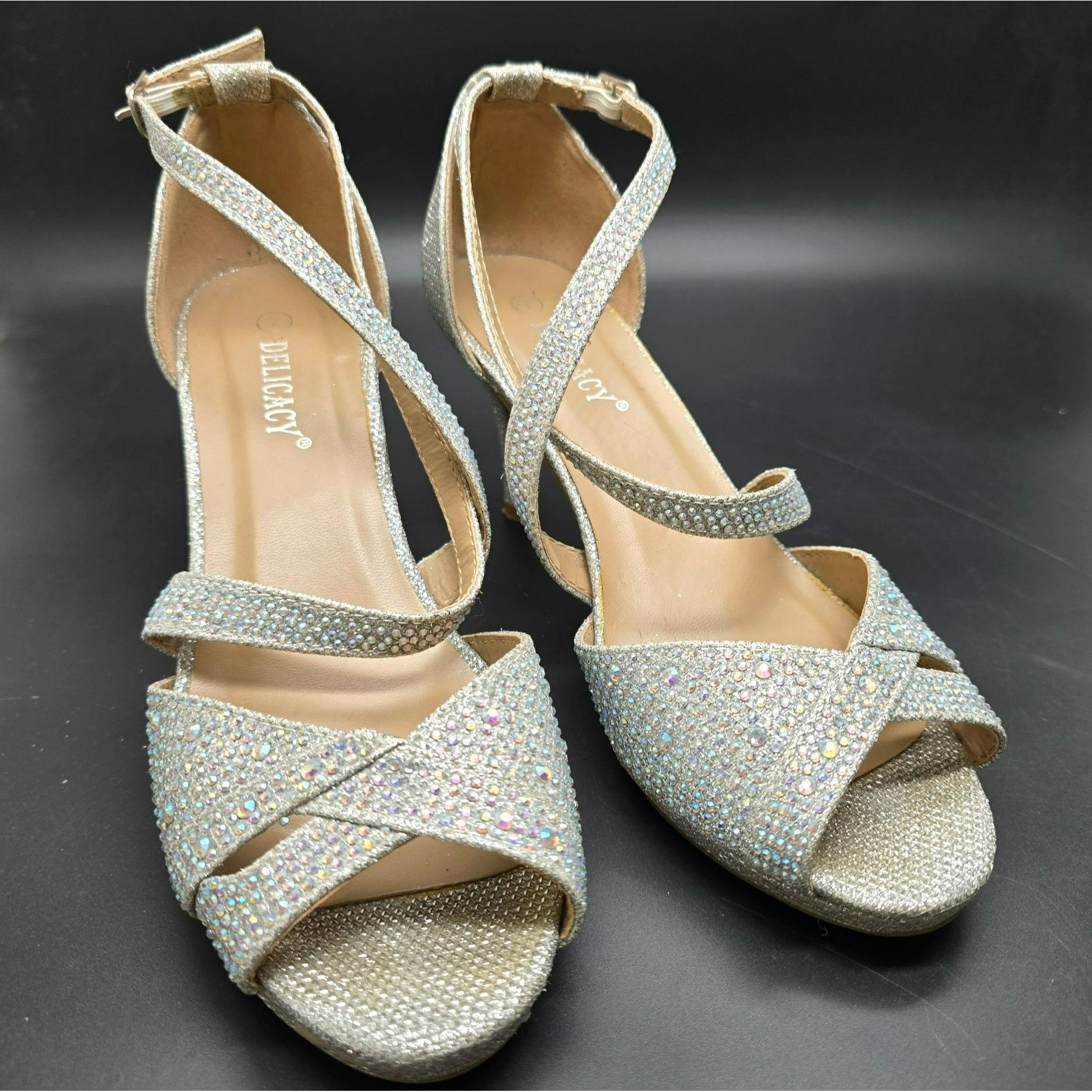 Other Womens Heels Silver Glitter Rhinestone Strappy Open Toe Deli Size US 7 / IT 37 - 3 Thumbnail