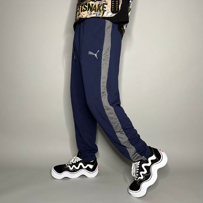 Vintage Puma Joggers Navy Blue Polyester Sweatpants Grey Logo