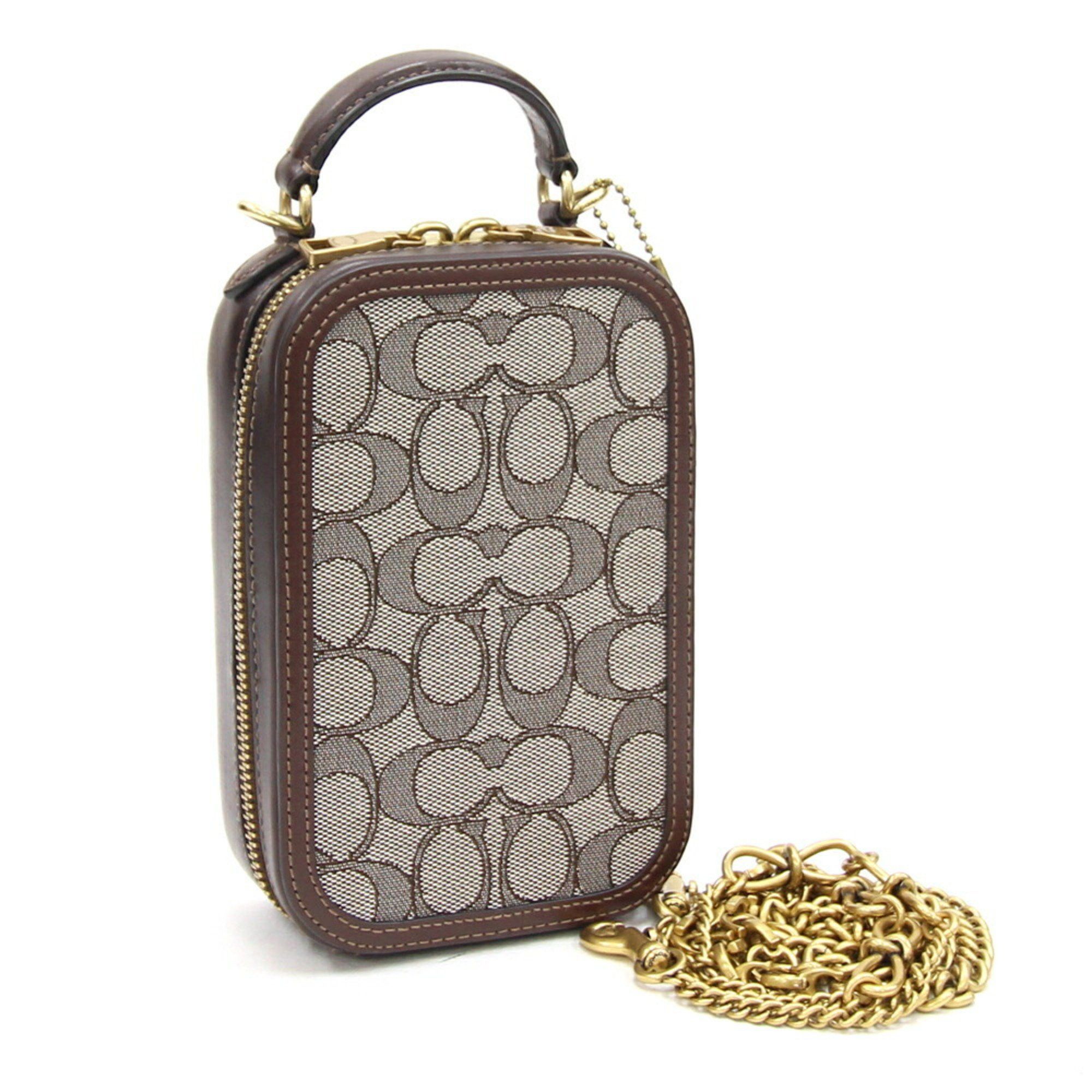 image of Coach Handbag Signature Eva Fawn Crossbody 4866 Dark Brown Canvas Leather Shoulder Bag Chain Women'
