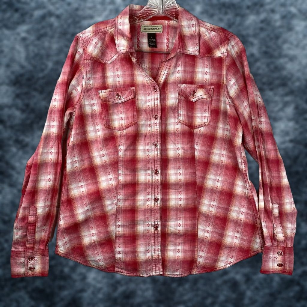 Pinko Bit & Bridle Pink Plaid Shirt Womens L Western Button Up Embroidered Pockets Nicely 100% Cotton Size L / US 10 / IT 46 - 1 Thumbnail