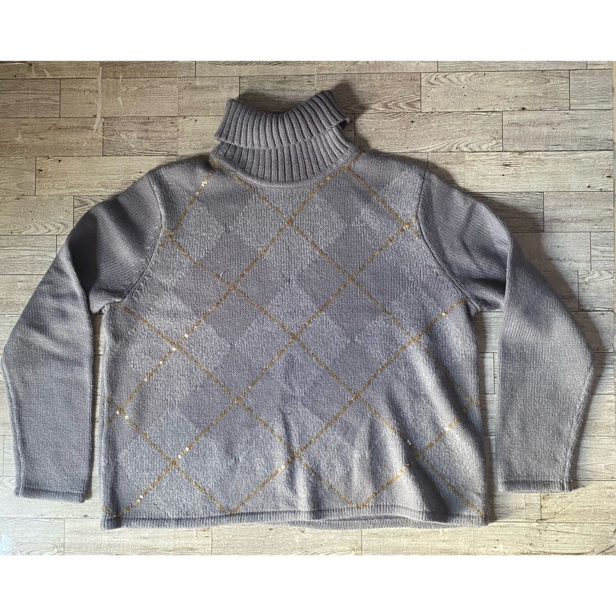 Vintage Vintage, Purple/Gray, Argyle Print, Turtleneck Knit Sweater Size S / US 4 / IT 40 - 10 Thumbnail