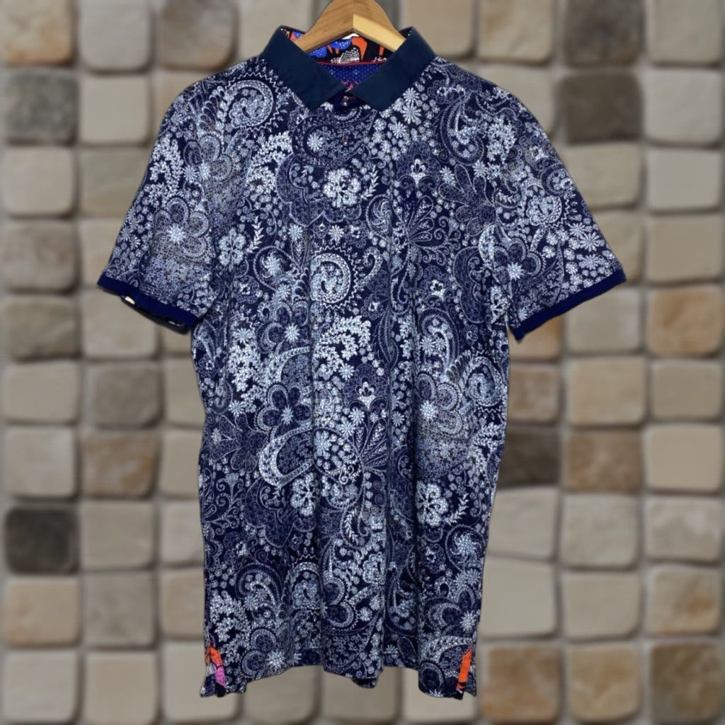 Au Noir Au Noir Polo Shirt Navy Vector Polo Shirt Mens XL Cotton Short Sleeve Collared Button 100% Mercerized Cotton Paisley Vintage City Classic Size US XL / EU 56 / 4 - 1 Thumbnail