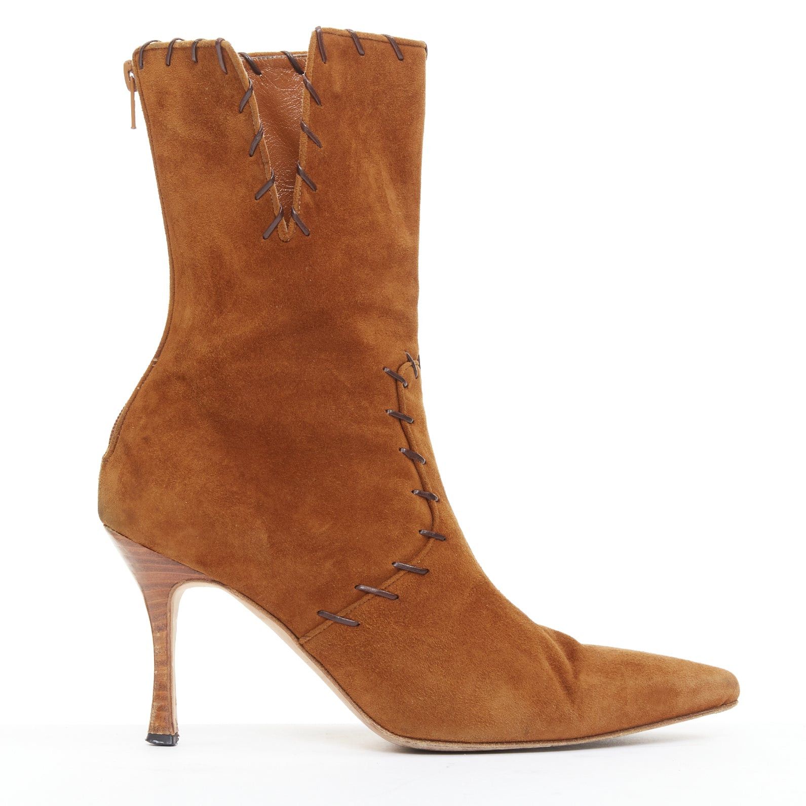 Manolo Blahnik MANOLO BLAHNIK Vintage brown suede overstitch detail heeled ankle boots EU39.5 Size US 9.5 / IT 39.5 - 1 Thumbnail