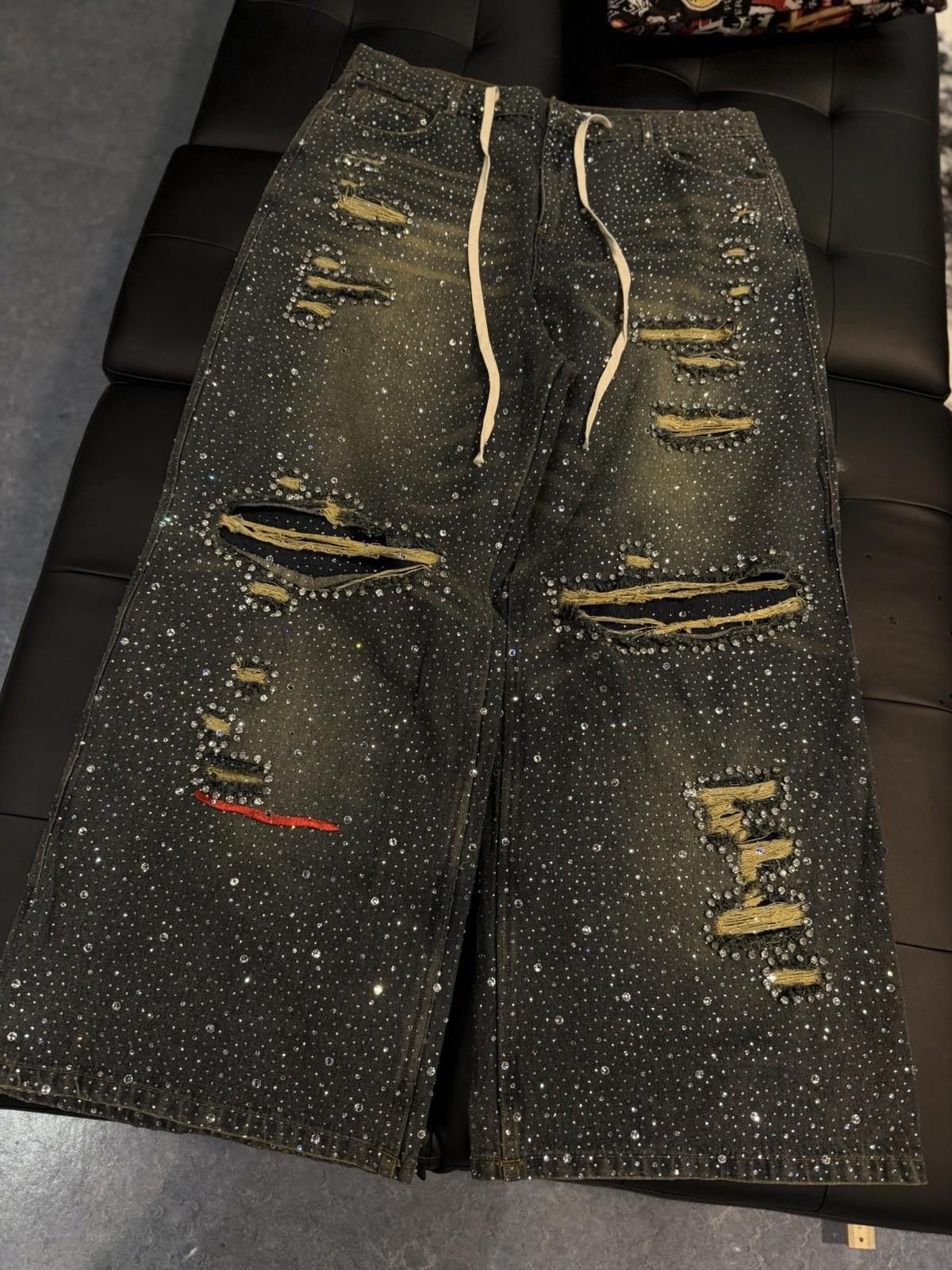 Vale Valley Baggy Crystal Stone Denim Blue Jeans Size 34 (NEW) Size US 34 / EU 50 - 1 Thumbnail