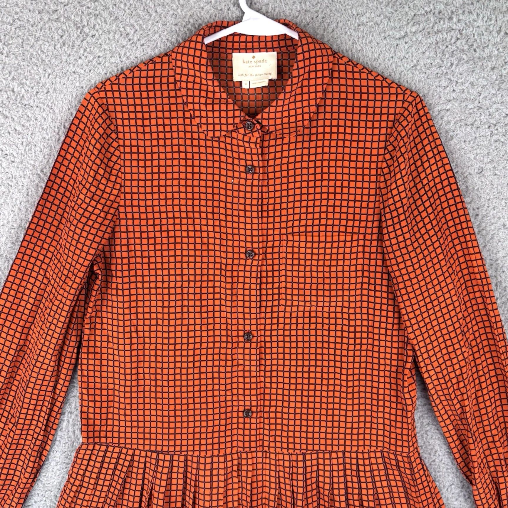 Vintage Kate Spade New York Checkered Long Sleeve Button Up Pleated Shirt Dress 4 Orange Satin Polyester Knee Length Size S / US 4 / IT 40 - 2 Thumbnail