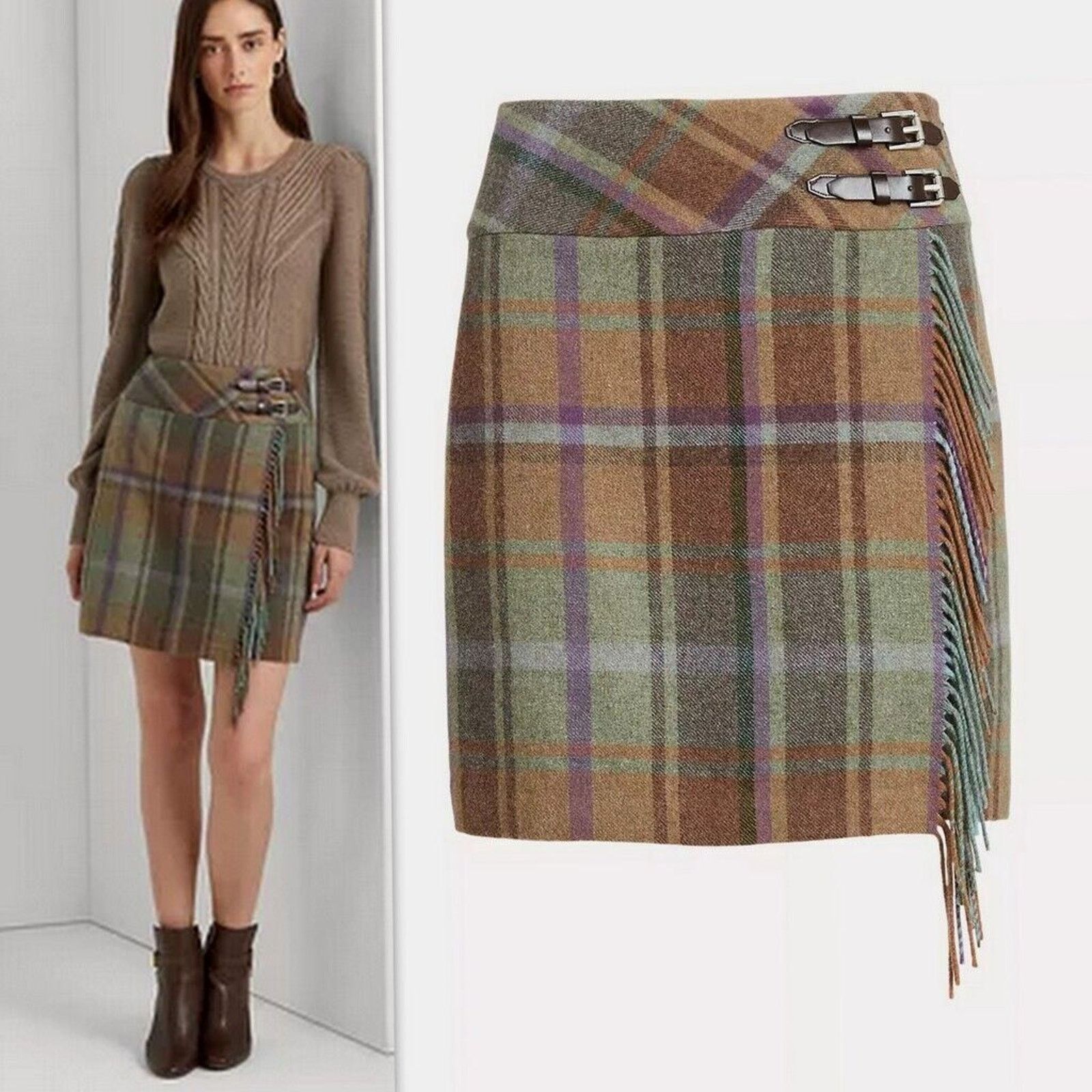 Lauren Ralph Lauren RALPH LAUREN GREEN BROWN PLAID TARTAN FRINGED WOOL SKIRT NWT Size 34" / US 12 / IT 48 - 1 Thumbnail