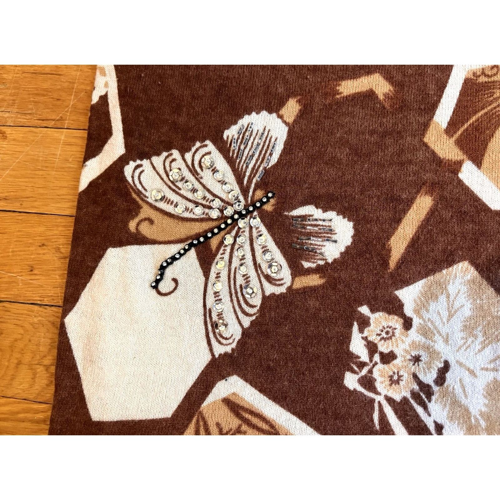 Vintage VINTAGE Suzelle Butterfly Sweater Women’s M Brown Sequin Beaded 80s Lambswool Angora Knit Pullover Crew Neck Floral Pattern Mens Girls Womens Size M / US 6-8 / IT 42-44 - 3 Thumbnail