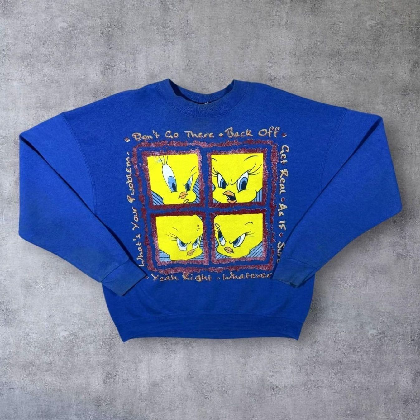 Vintage VINTAGE Looney Tunes (1997) Tweety Slogan Graphic Blue Sweatshirt XL Men Regular Long Sleeve Pullover 100% Cotton USA Blue Mens Sweatshirt Size US XL / EU 56 / 4 - 2 Thumbnail