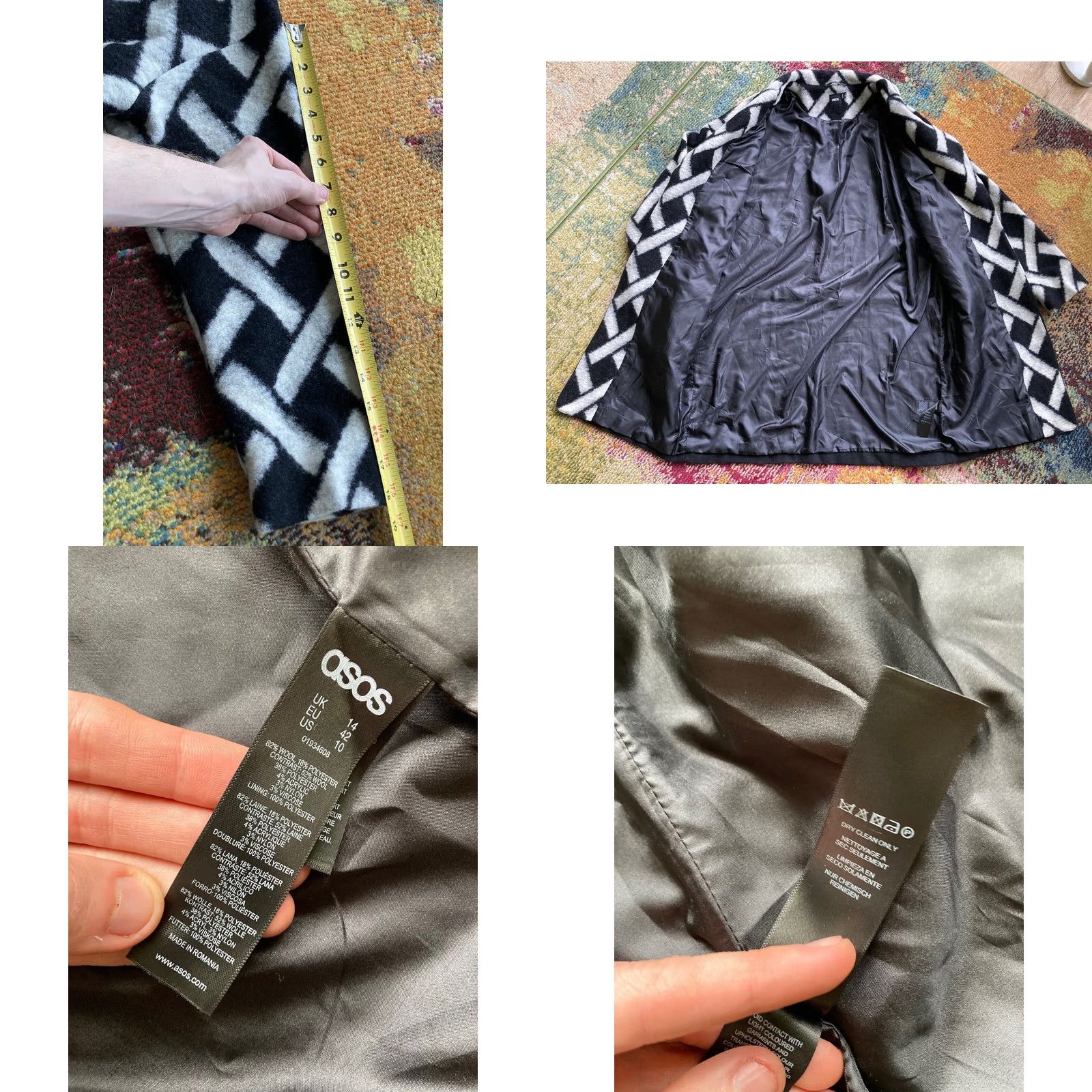 Asos ASOS Coat Wool Blend Overcoat Long Pockets Lined Black 10 Womens Geometric Jacket Multicolor Exterior Size L / US 10 / IT 46 - 8 Thumbnail