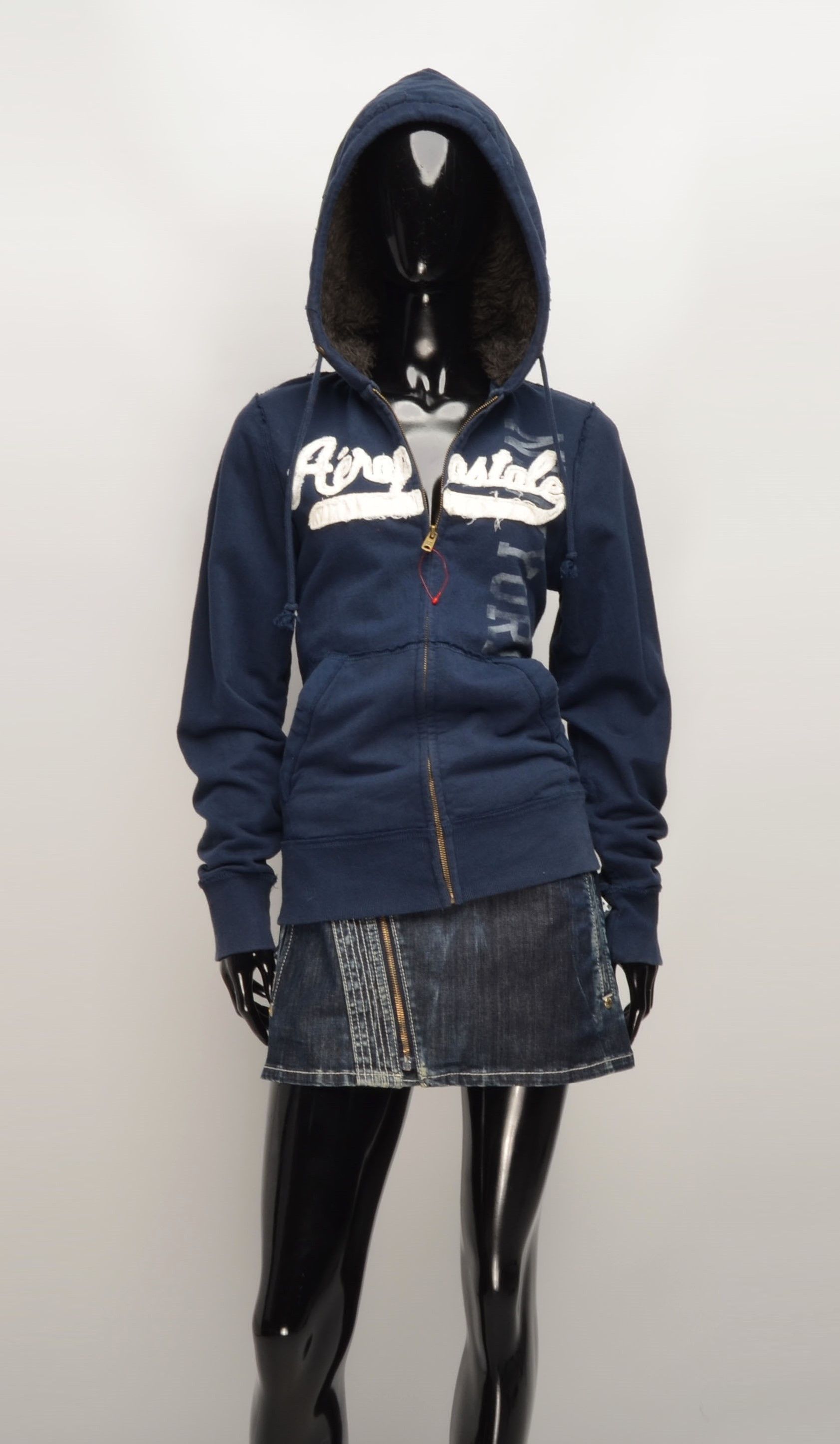 Aeropostale × Vintage Aeropostale Y2K Fur Hooded Zip Up Navy Grunge Hoodie Size S / US 4 / IT 40 - 1 Thumbnail