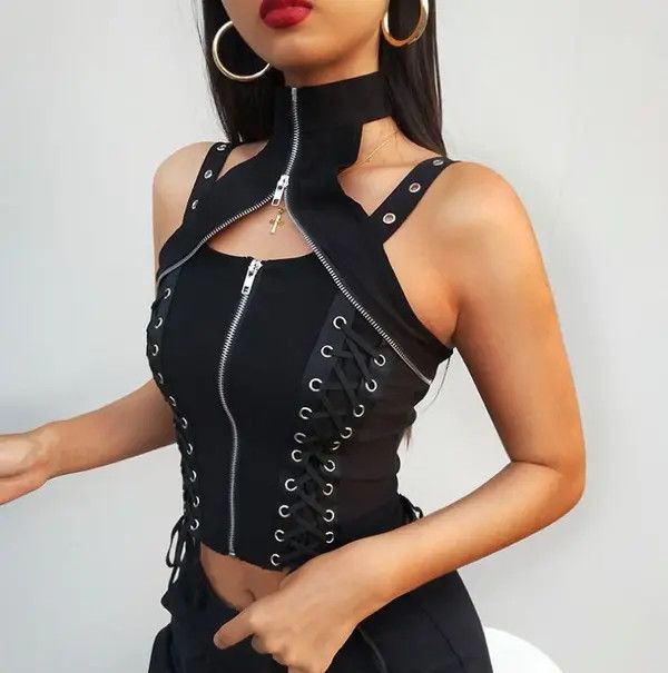 image of Designer Vintage Sleeveless Vest Zipper in Black, Women's (Size Small)