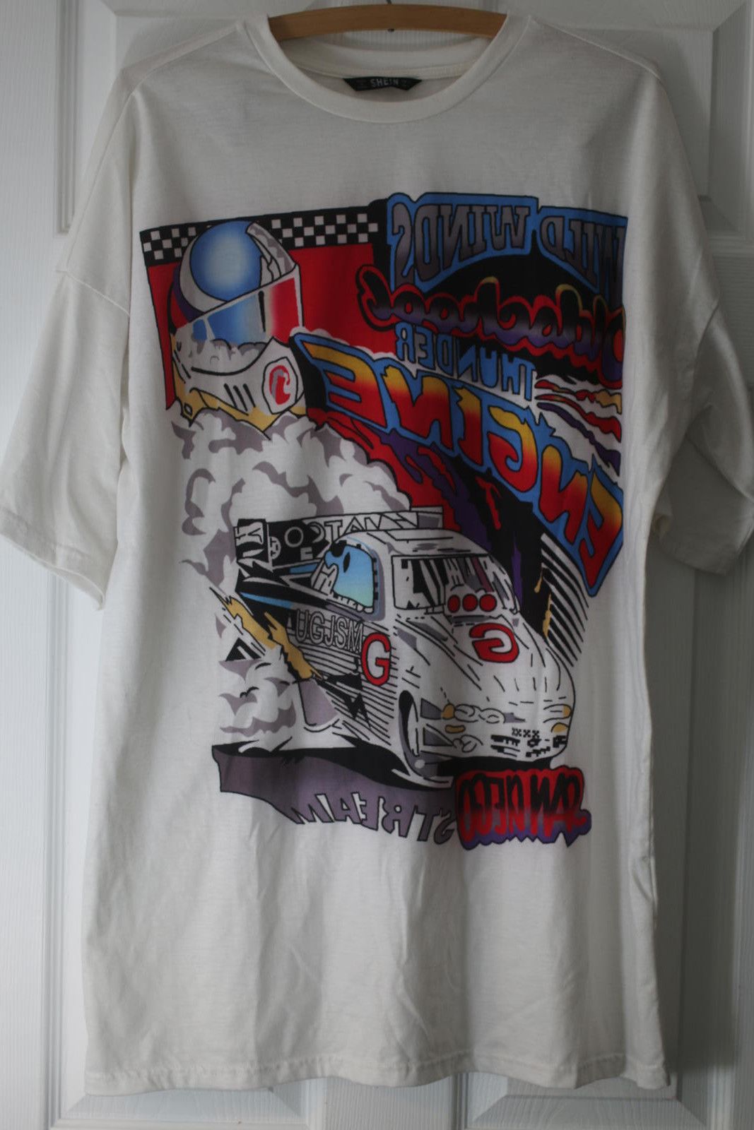 Shein Racing Graphic T-Shirt White Drift Car Print Size S SHEIN Size US S / EU 44-46 / 1 - 1 Thumbnail