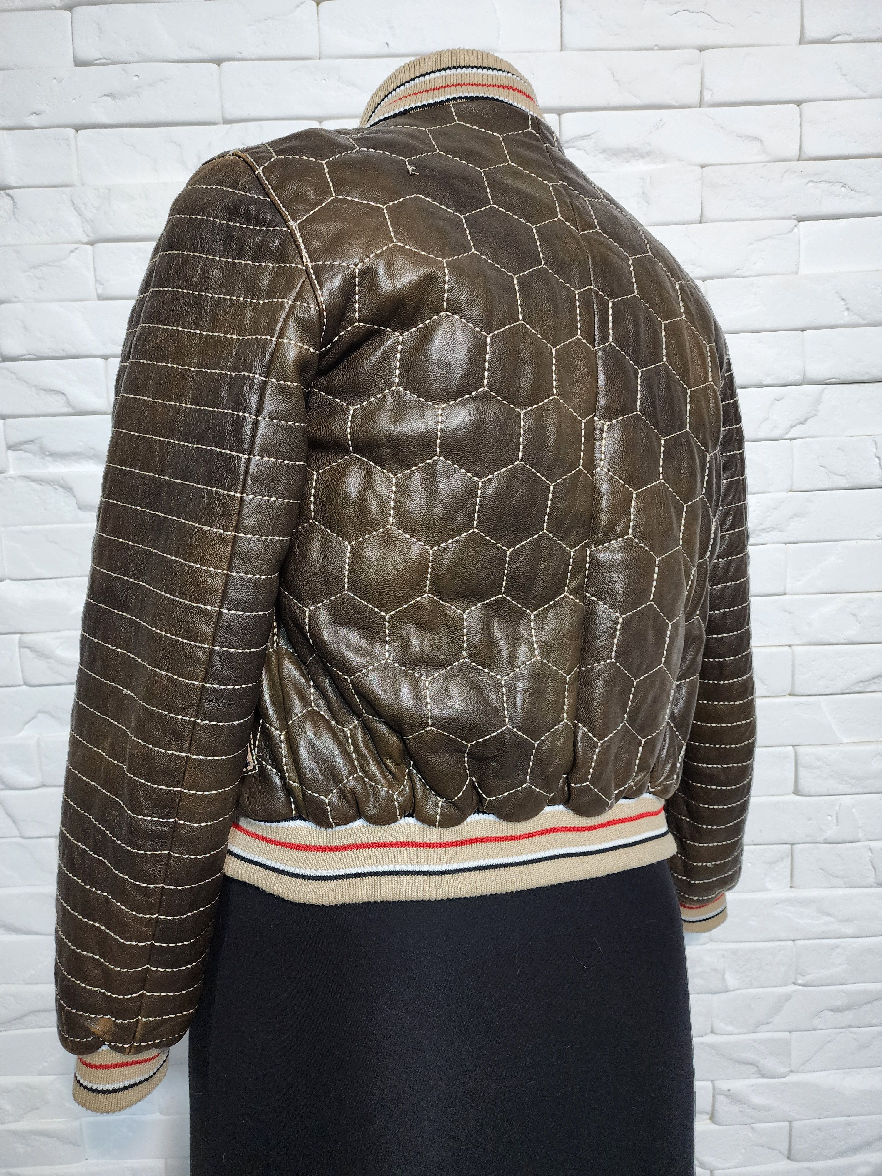 Uniqlo Brown Leather Jacket: Women's Zip-Up Bomber with Knit Trim Size XS / US 0-2 / IT 36-38 - 5 Thumbnail