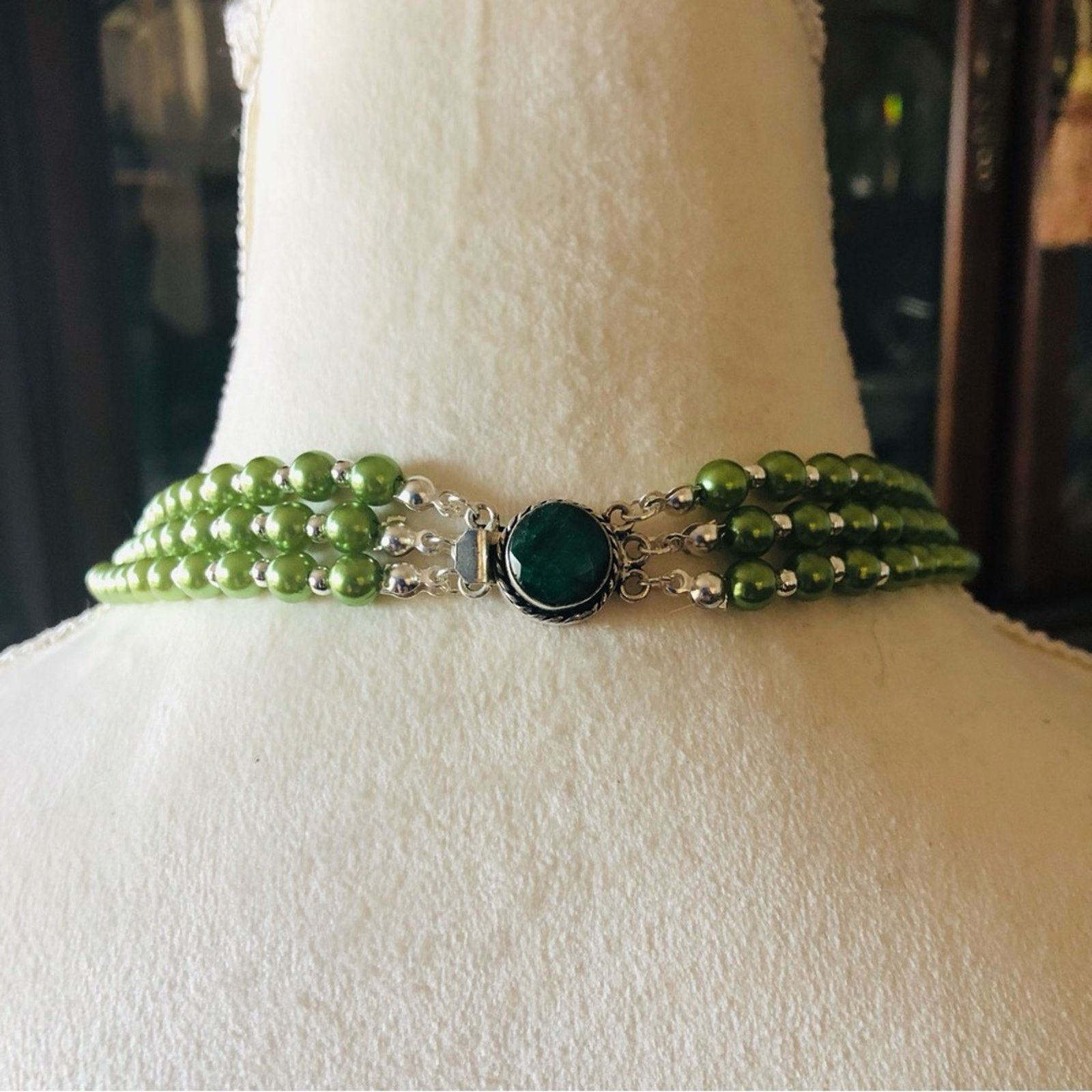 Handmade Handcrafted filigree green cameo genuine malachite necklac Size ONE SIZE - 6 Thumbnail