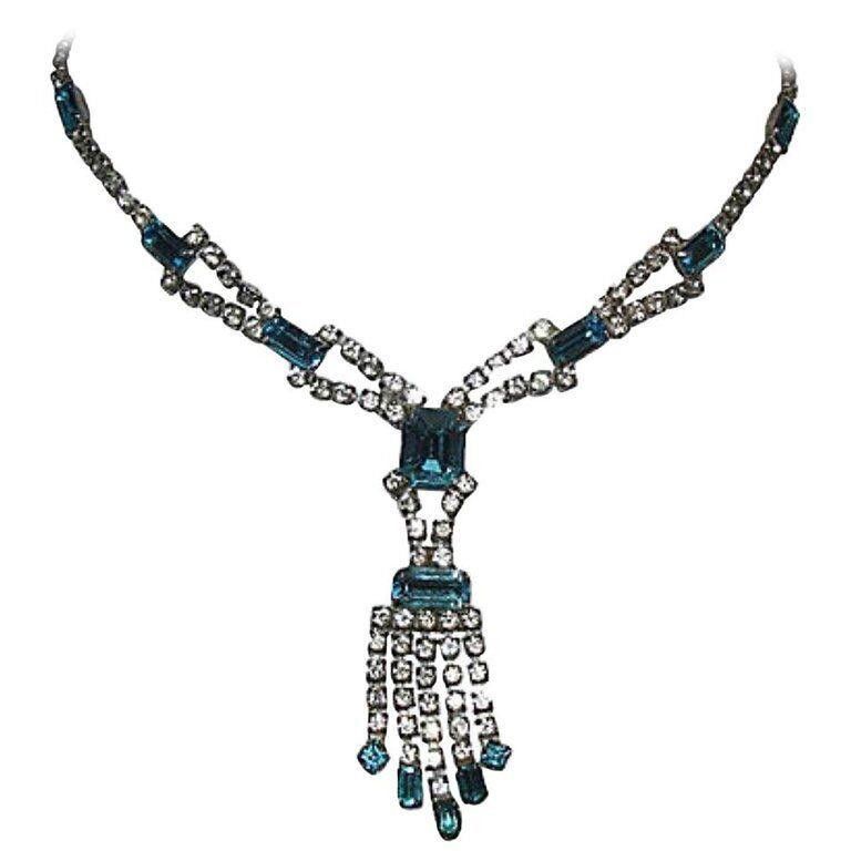 Designer Vintage Costume Blue & White Silver Tone Rhinestone Necklace Size ONE SIZE - 1 Thumbnail