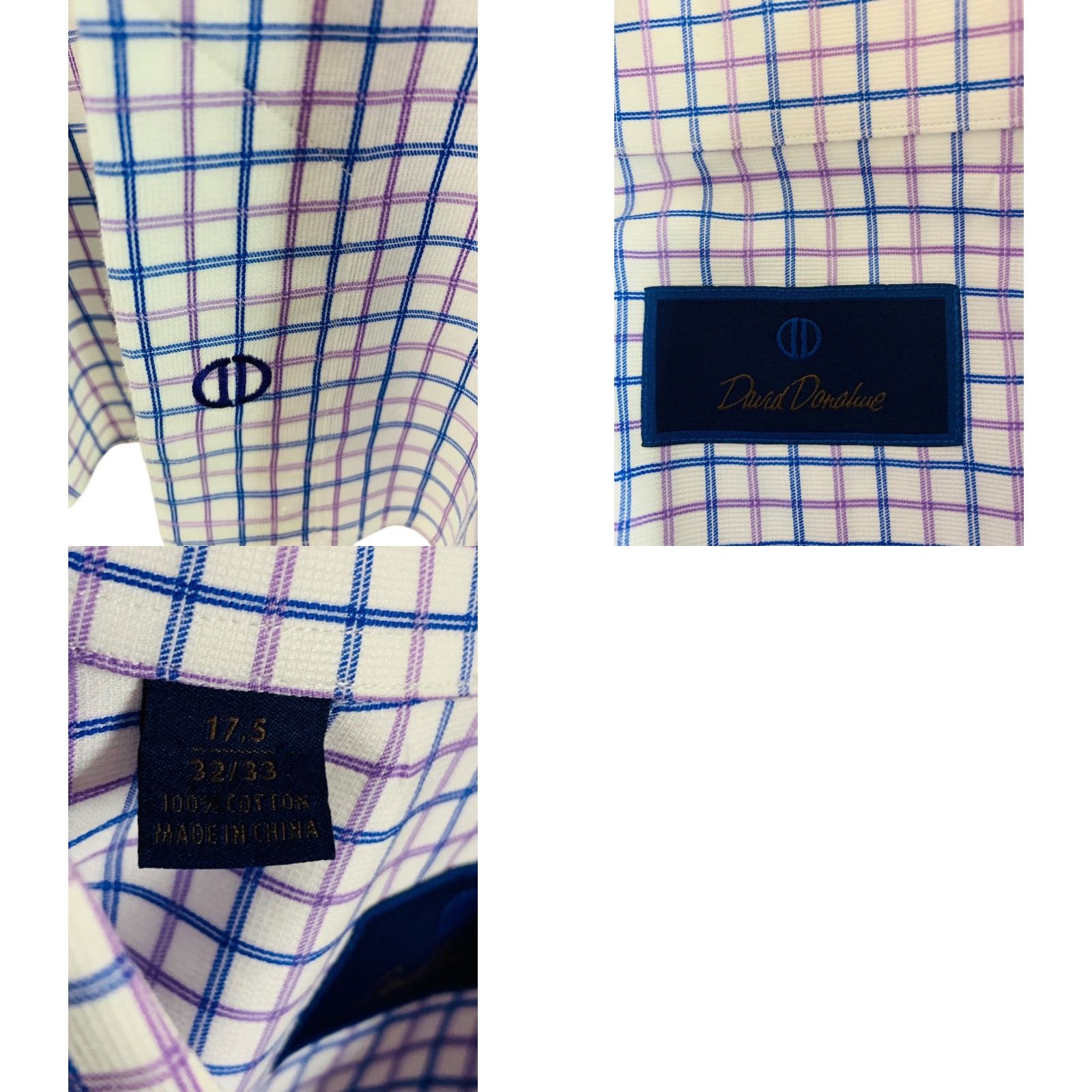 David Donahue David Donahue Shirt Windowpane Blue Purple Mens Button Up Dress Shirt 17.5 32/33 Regular Cotton Size 48R - 8 Thumbnail