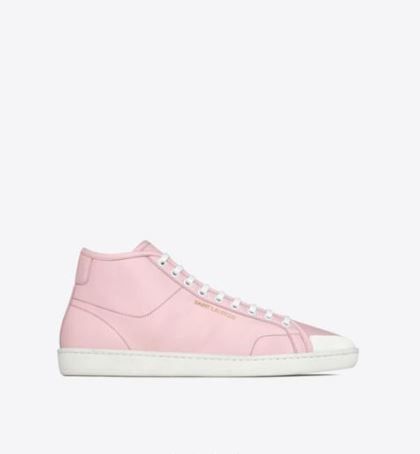 image of Saint Laurent Paris Oc11Z0124 Court Classic Mid Top Sneakers In Grained Leather in Light Pink (Size