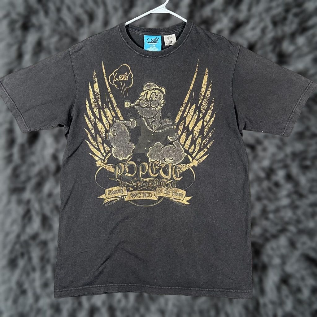 Vintage Wckd Popeye Shirt Mens Large Black Strong to the Finish Wings Gold Y2k Tee 2008 Size US L / EU 52-54 / 3 - 1 Thumbnail