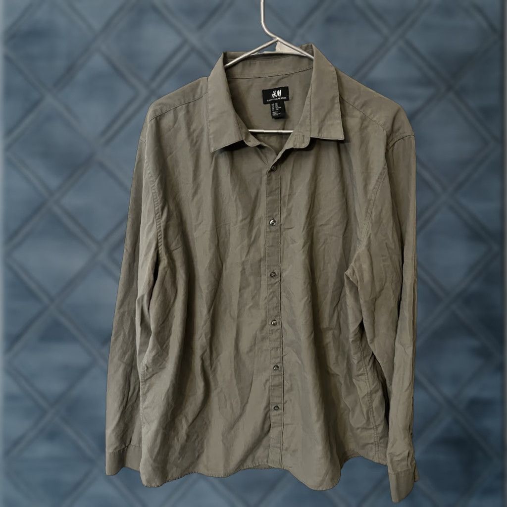 H&M H&M Button-Up Dress Shirt Long-Sleeve Gray Slim Fit XXL Size Men Casual Solid Shirt Size 48R - 1 Thumbnail